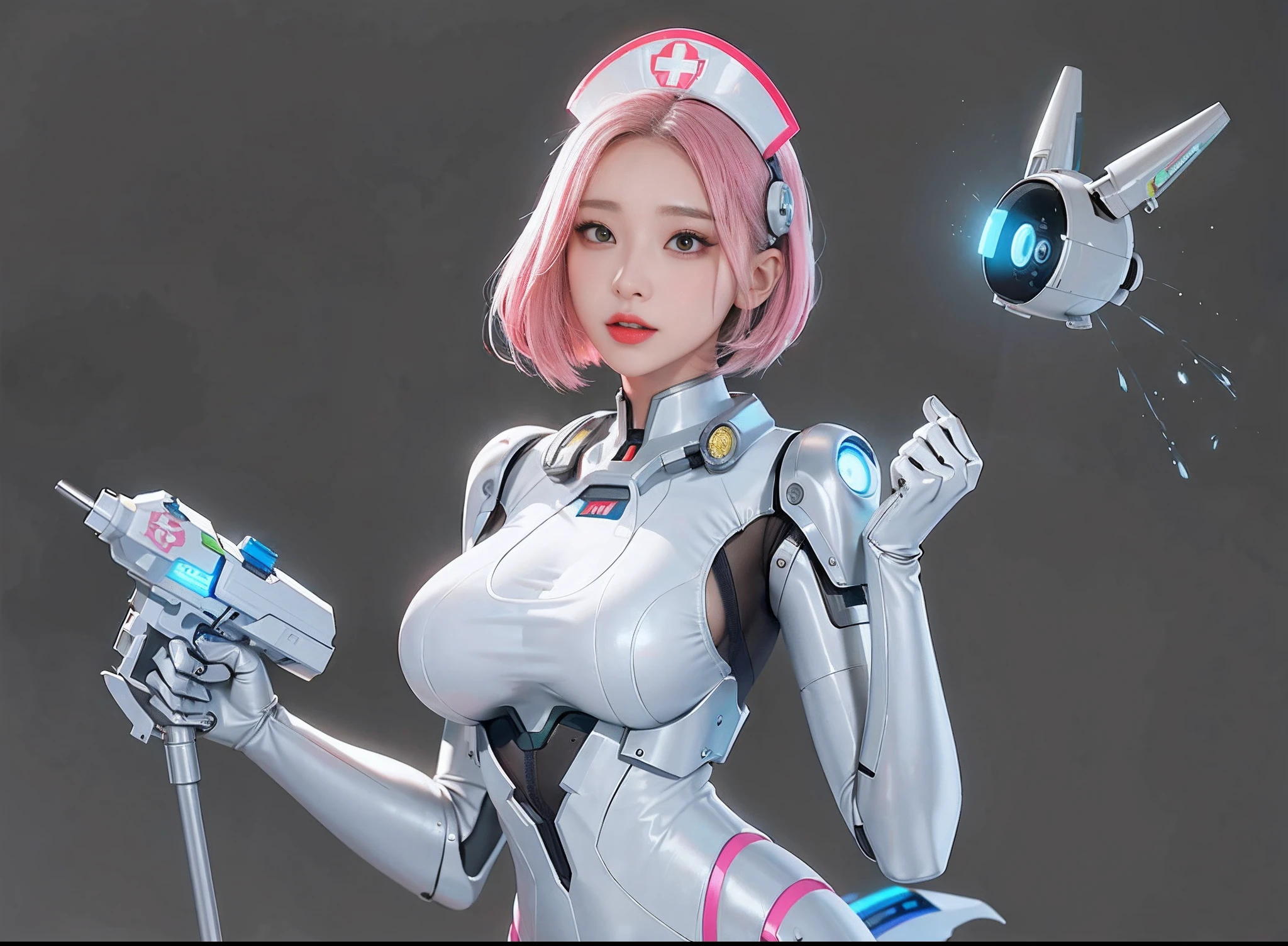 There was a woman in a futuristic suit holding a gun, Cute cyborg girl, perfect android girl, an alien robot naughty nurse, beautiful girl cyborg, Beautiful robot character design, an oppai cyberpunk, Biomechanical OPPAI, trending on cgstation, perfect anime cyborg woman, cyberpunk anime girl mech, Robot girl, smooth digital concept art, Cyborg girl， Perfect chest shape， Perfect breasts， revealing breasts