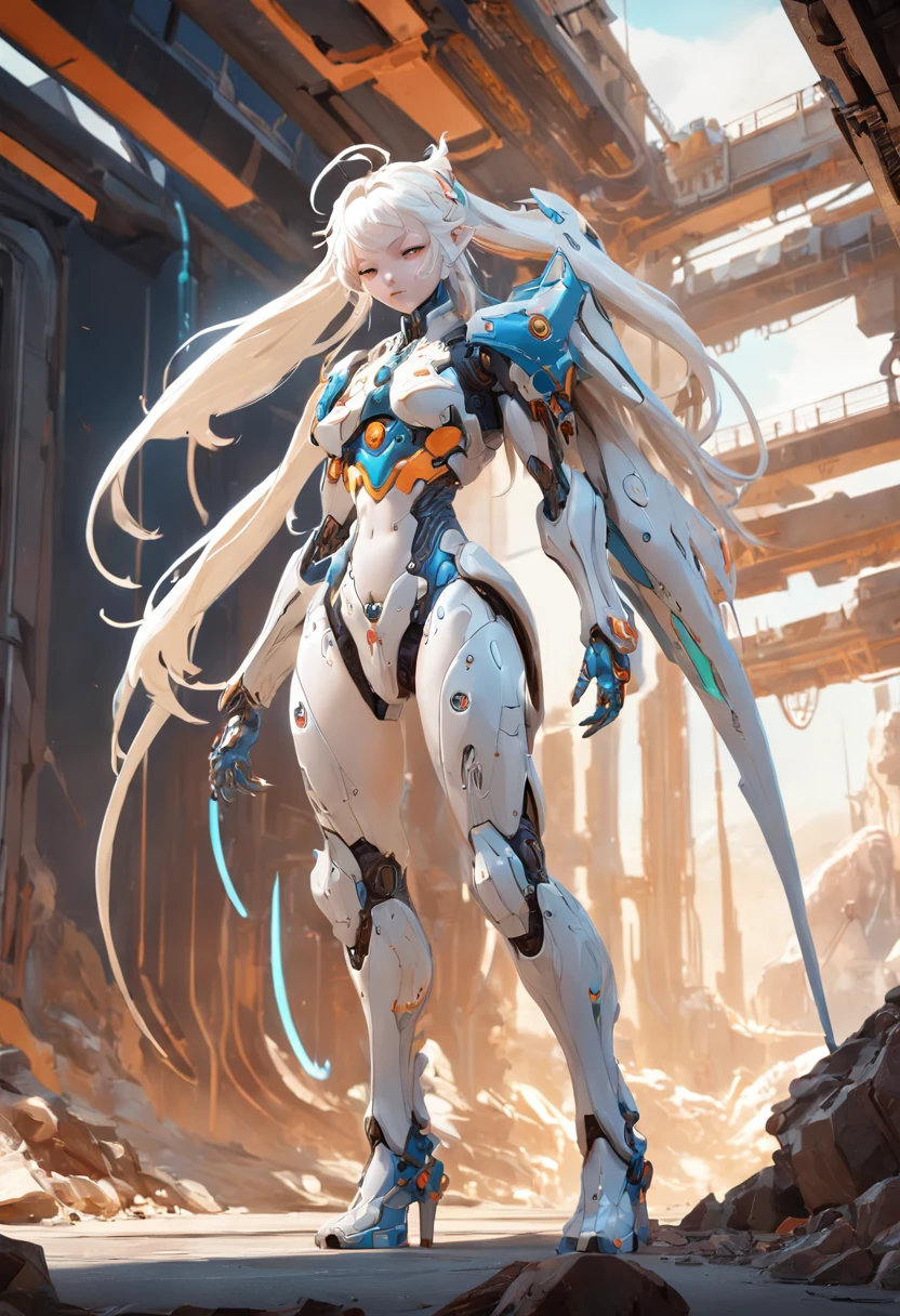 Full body concept characters Post-apocalyptic warframe mecha Tebash Albino woman Greg Rutkovsky and Norman Rockwell and Alphonse Mucha Octan render masterpiece, trending on artstationh, behans, CGSesociety, Extremely detailed, Amazing, Beautiful, Rainbow colors, High definition, World renowned, PS5
