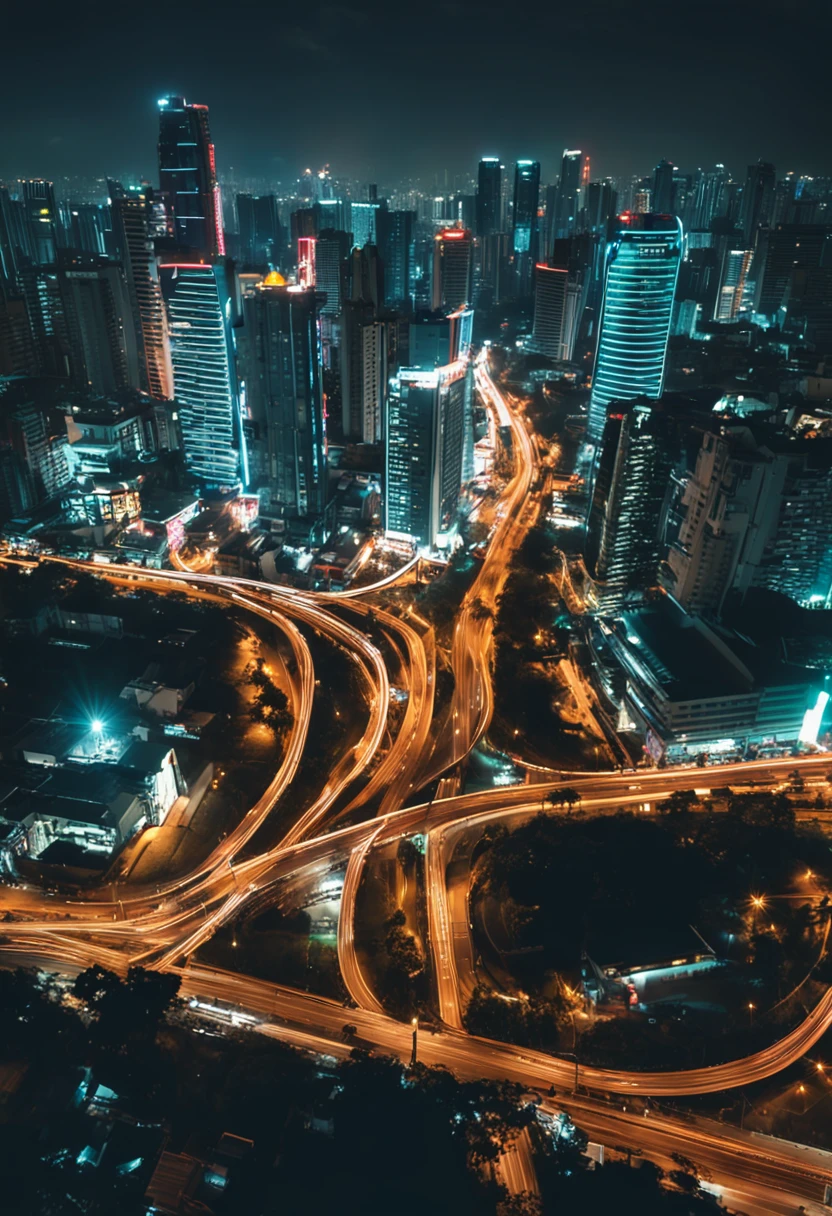 nighttime view of a city with a lot of traffic and tall buildings, jakarta, south jakarta, busy cityscape, neon megacity in the background, highrise business district, indonesia, busy city on background, low iso, 2 4 mm iso 8 0 0 color, long exposure outside the city, long exposure ; sharp focus, neon lights in the city below, a wide shot