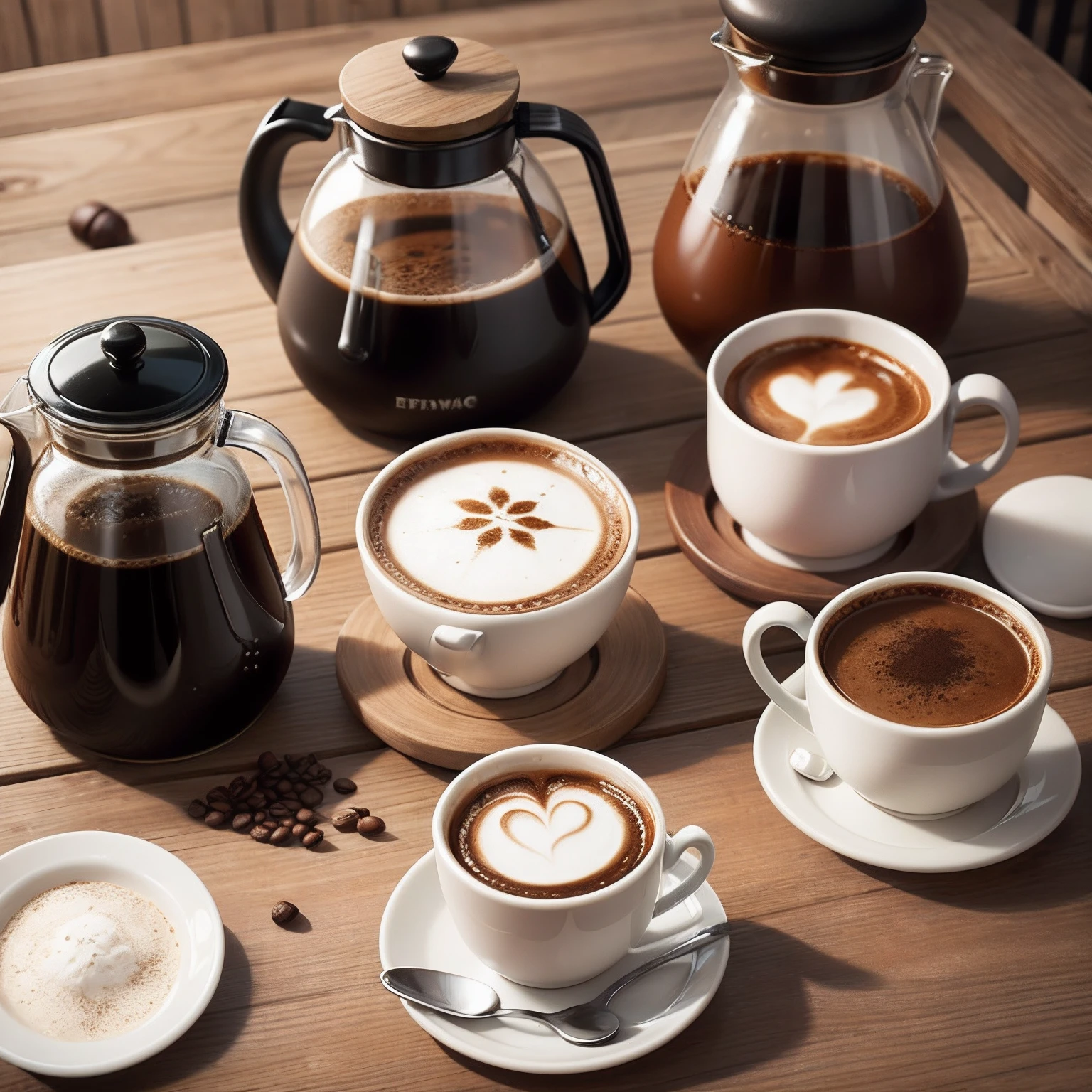 Pour coffee at different angles on the table，The coffee cup contains milk and half of the coffee and ice，There is a range of coffee supplies on the table