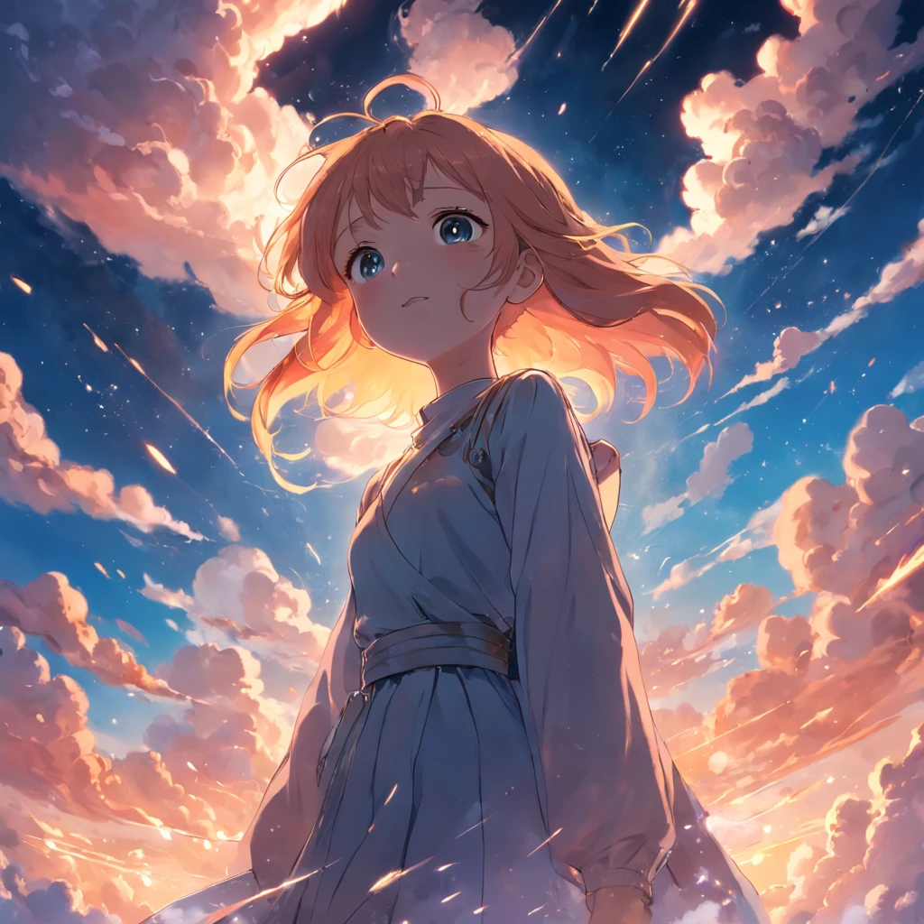 masterpiece, best quality, movie still, 1girl, cloud girl, floating in the sky, close-up, bright, happy, warm soft lighting, sunset, (sparks:0.7)
