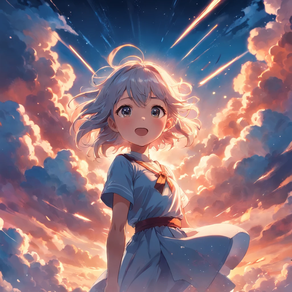 masterpiece, best quality, movie still, 1girl, cloud girl, floating in the sky, close-up, bright, happy, warm soft lighting, sunset, (sparks:0.7)