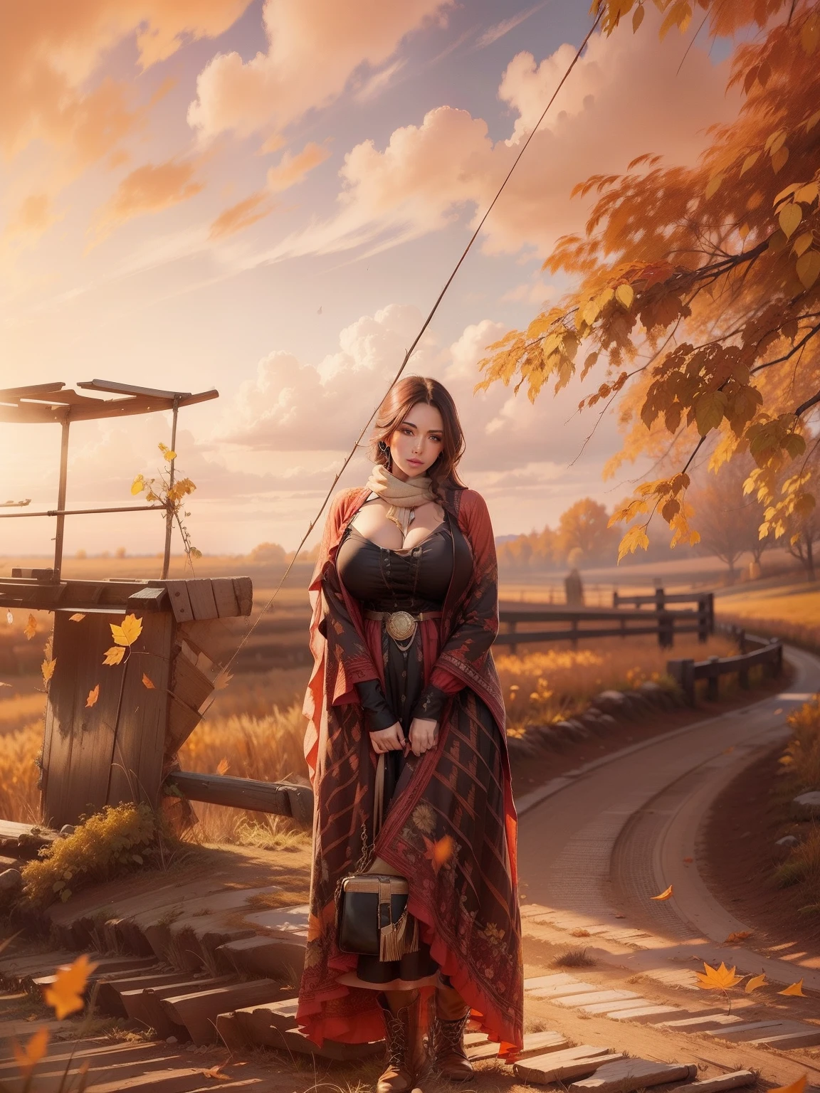 Autumn fields，Wear a long autumn dress，huge tit，cleavage，cabelos preto e longos，boots