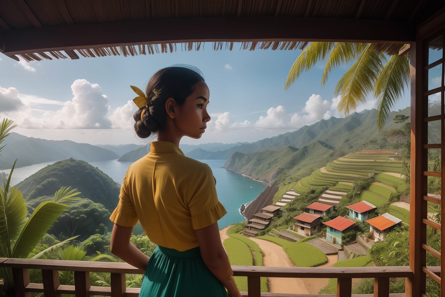 Year: 2023
Country: Timor-Leste
Description: In the lush hills of Baucau, a young woman stands on the balcony of her quaint, Wes Anderson-inspired cottage. Dressed in vintage attire, she gazes at the scenic landscape, where terraced rice fields meet the blue sea, creating a serene and cinematic tableau.