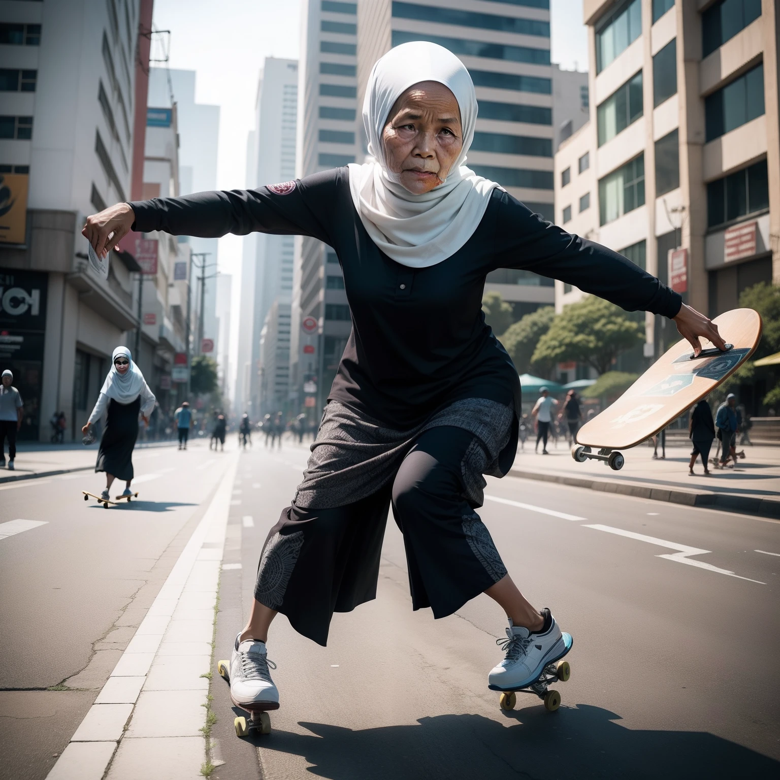 Indonesian grandmother wearing a hijab is playing skateboarding in the middle of the city