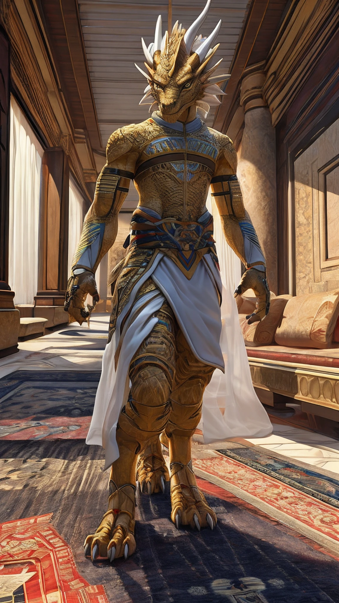 Bionic dragon,Golden White Dragon,female,White Hanfu,sandals,anthor,Children,Standing on the carpet in the hotel,HD graphics,Detailed and realistic,high detal,high qulity,photo-realistic,photorealistic eye,Detailed paws,Clear eyes,Masterpiece artwork,Five-fingered hands,top-quality,32k,hyper HD