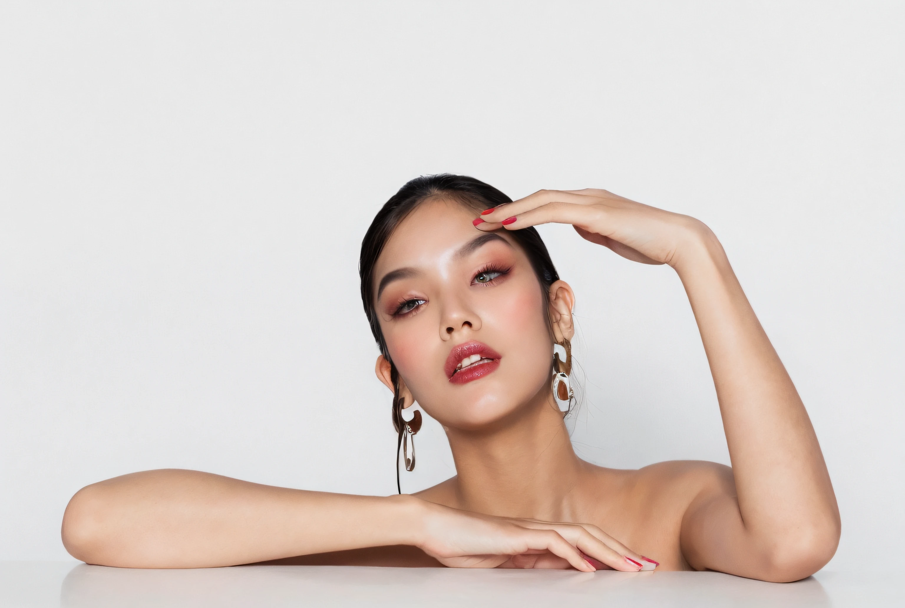 korean girl, very beautiful face, (photo realistic:1.4),(masterpiece, 4K, best quality, ultra detailed),studio shoot,pictorial,photography,realistic eyes, Ultra-Detailed Face, Detailed Lips, normal hand, glossy lips, glossy face, simple background