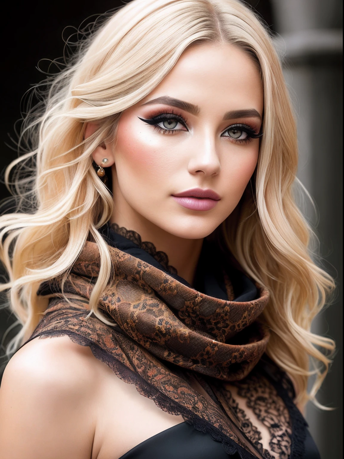A portrait of a blonde, (makeup:1.4), amazing body, (fit body:1.2), lace outfit, highly detailed fur, natural skin texture, 4k textures, detailed belly, Highly detailed perfect smooth skin, Lightroom, Intricate, Ultra-Realistic, Out There, (HDR:1.3), UHD, (Intricate Detail, Hyper-Detailed:1.1), Cinematic, Photoreal, (Dark Shot:1.2), Dramatic, High Contrast, (Warm Color:1.1) , muted colors, master piece, elegant, sharp focus, green gucci scarf, nicole anniston