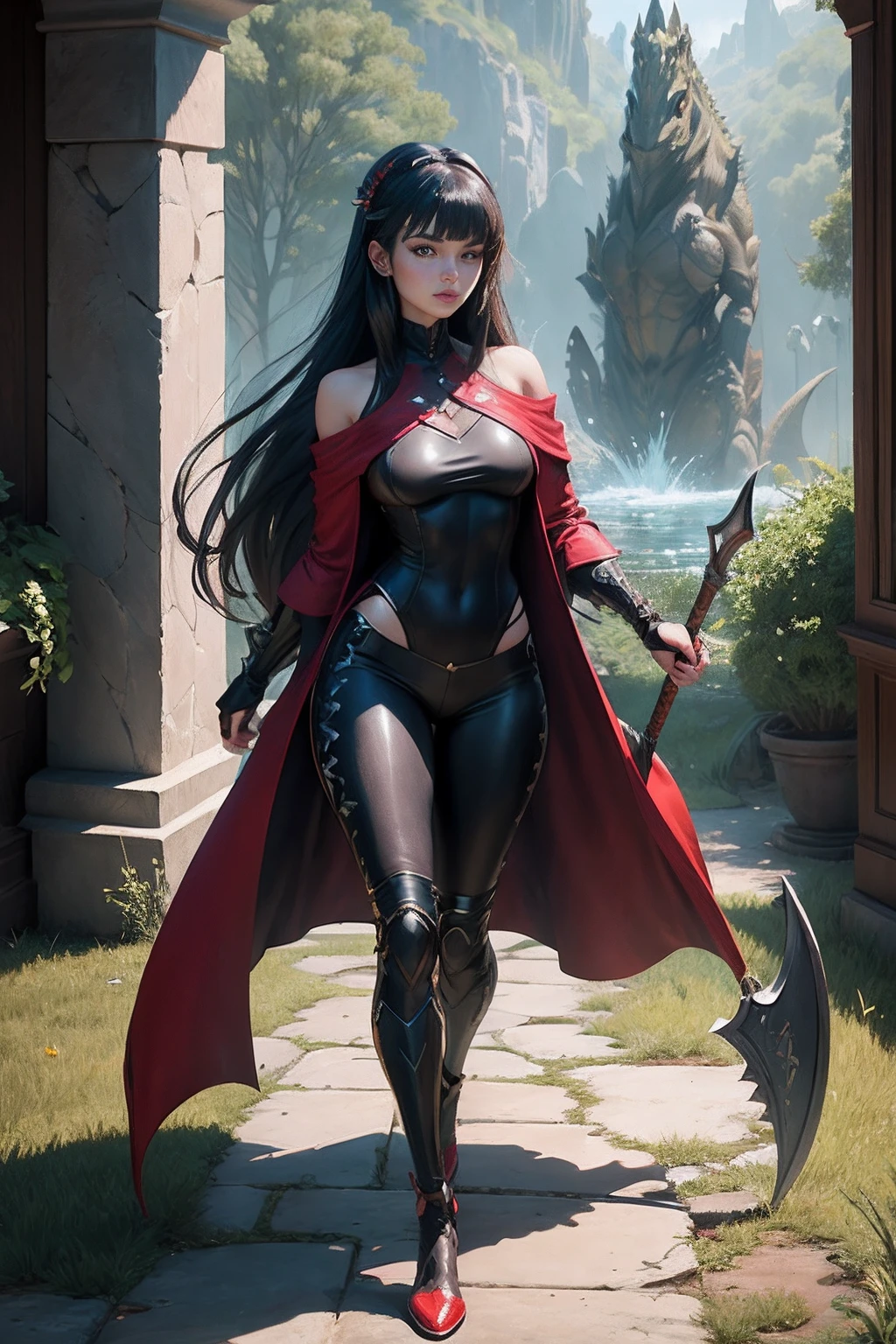 ((Masterpiece, best quality, ultra detailed, best shadow, Unreal Engine 5)), (detailed background), (pretty face), a lizard woman, dark red eyes, long black hair with bangs, perfect figure, ((red clothes, often in the form of long two-tailed coats)), black spandex pants, carrying a massive axe on his shoulders, centered around the girl and the axe, ((lizards swimming backwards)), full body, midjurney