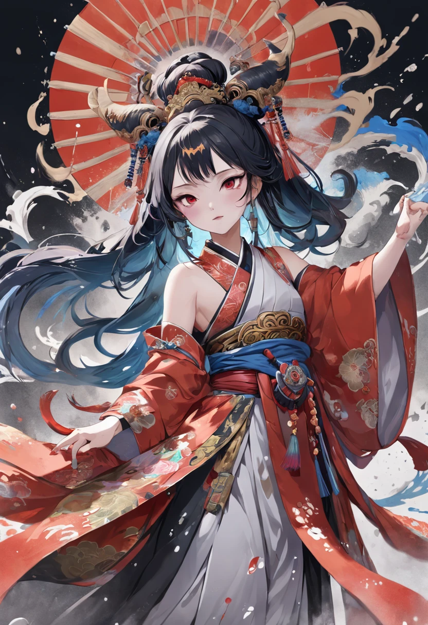 (entire body image:1.5), (extremely detailed CG unity 16k wallpaper:1.1), (Denoising strength: 1.45), (tmasterpiece:1.37), original, extremely detailed wallpaper, (Euler):(((beijing opera))), (sketch), ((wash painting)), ((ink splashing)), ((((dyeing)))), ((Chinese painting)), (DDIM):((beijing opera))), (sketch), (wash painting), (ink splashing), dyeing, ((Chinese painting)), ((a mythical ferocious animal)), {{The bull}}, {{ long horns}}, {{With wings on its back}}, (Red and black wings, )(solo), mountain, Big and strong, Diabolical, Tyrannical, ((illustration)), god rays, sparkle, glowing light, ((masterpiece)), best quality