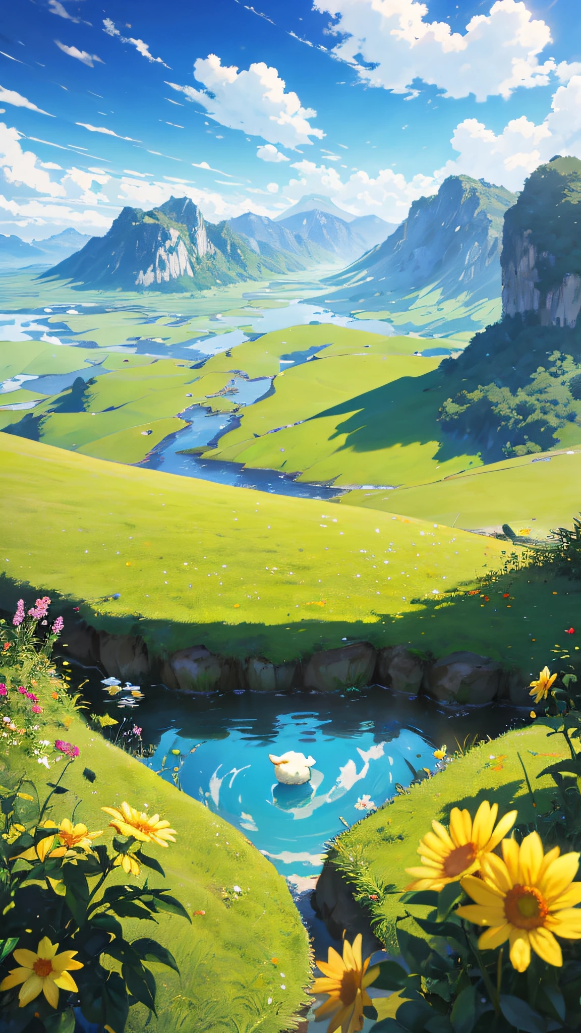 夏天,grassy fields,A few small flowers,clear lakes,sheeps,a paradise,Large clouds,blue-sky,scorching weather,high definition detail,Hyper-detailing,cinematic ligh,ultra-realistic realism,the soft light,Deep field focus bokeh,The vista in the distance is snow-capped mountains,Ray tracing and surrealism。 --v6