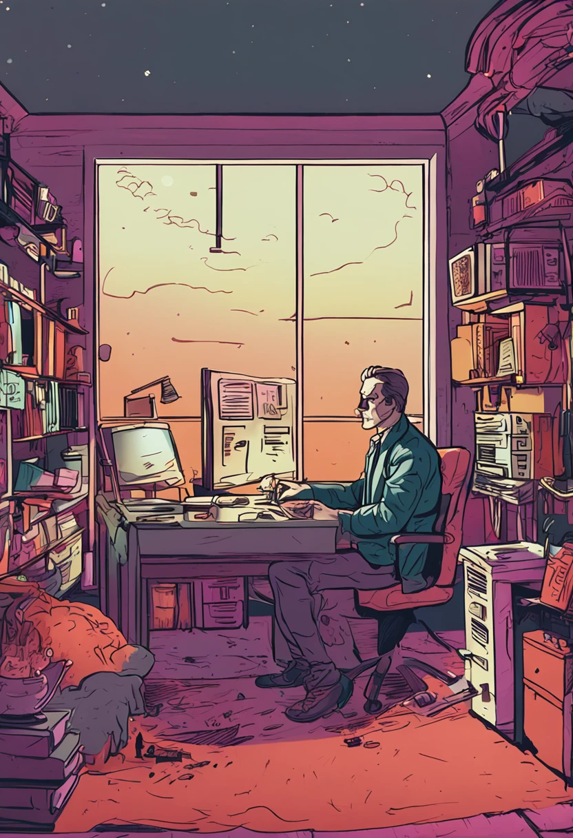 the night,Dim Room,Man in a black vest,Smoking a cigarette,Pen in hand,Two monitors on the table are glowing brightly,Drafts are on the walls and on the ground,The starry sky is outside the window。