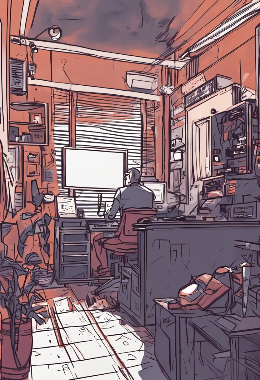 the night,Dim Room,Man in a black vest,Smoking a cigarette,Pen in hand,Two monitors on the table are glowing brightly,Drafts are on the walls and on the ground,The starry sky is outside the window。