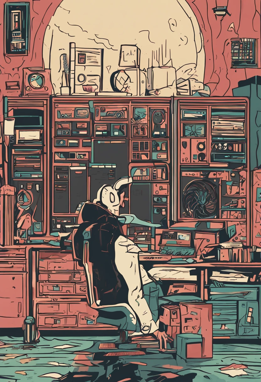 the night，Dim Room，Man in a black vest，Smoking a cigarette，Pen in hand，Two monitors on the table are glowing brightly，Drafts are on the walls and on the ground，The starry sky is outside the window。