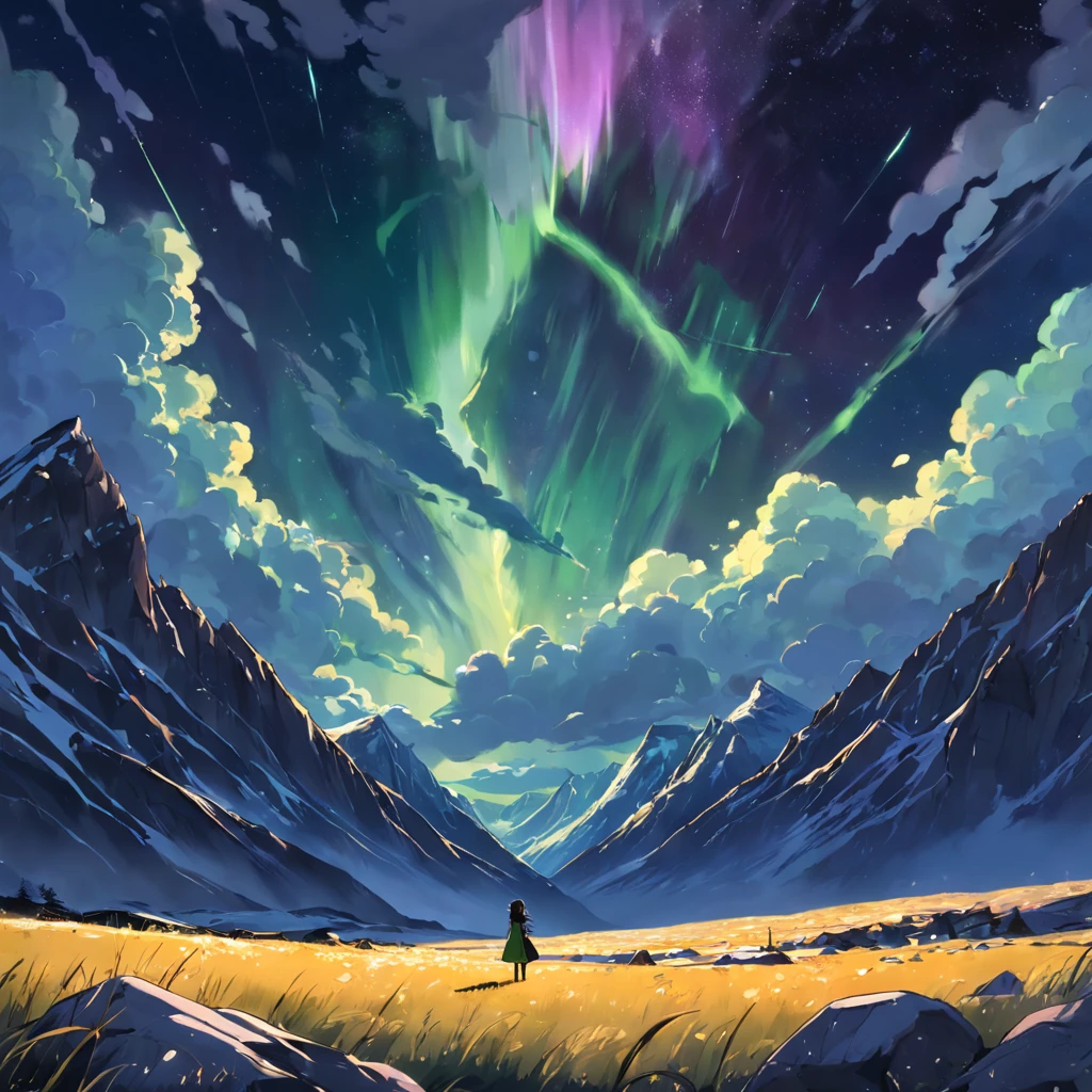 Aurora Borealis with Thunder, Montanha nevada, Noruega, silhueta de guerreiro com machado
