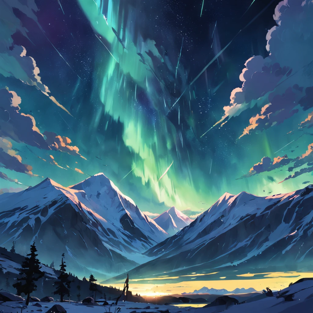 Aurora Borealis with Thunder, Montanha nevada, Noruega, silhueta de guerreiro com machado