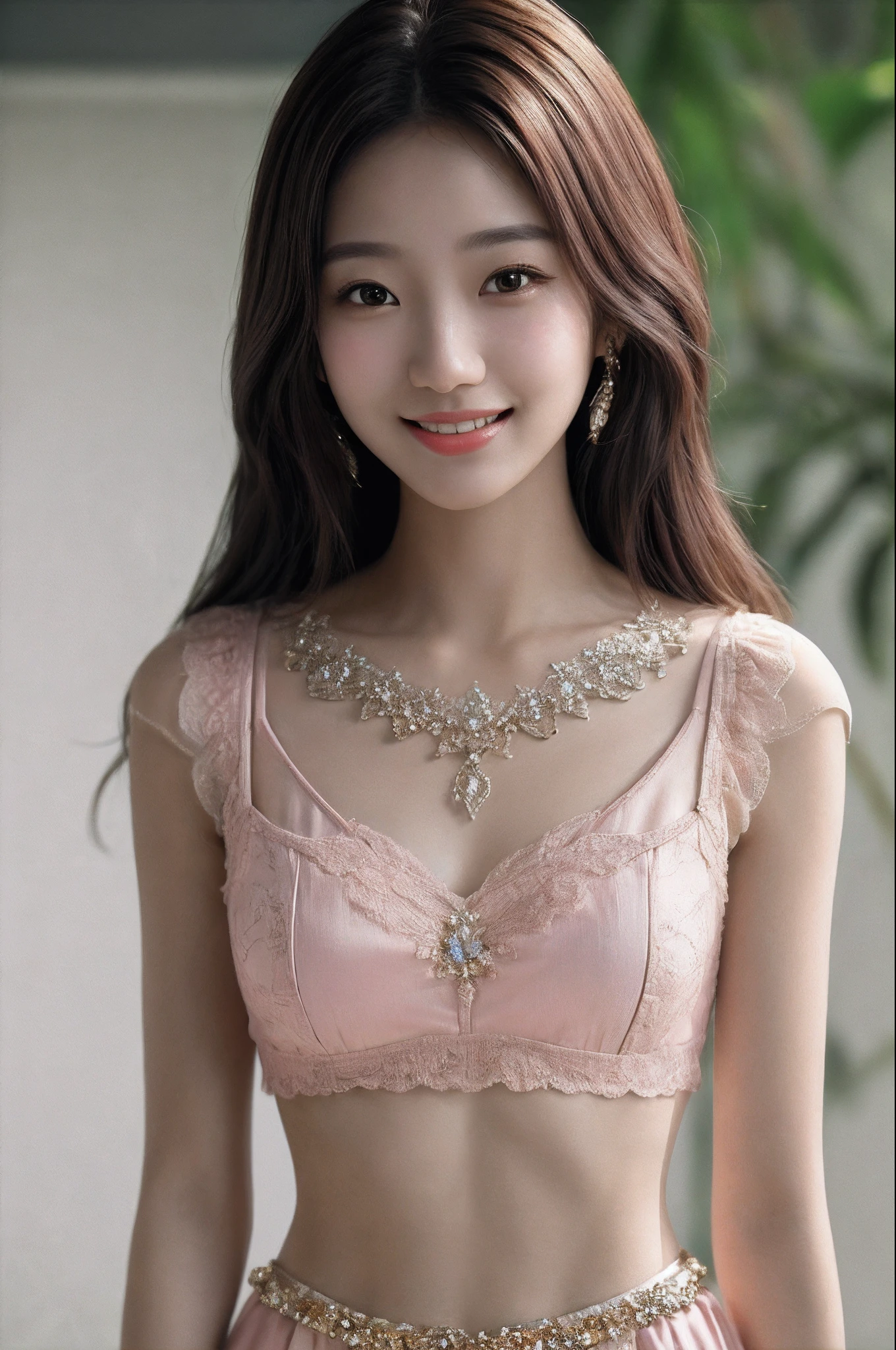 Kujo beautiful girls, 1girll, (Smile), Photo art, The background is blurred out, Brown eyes, Brown hair, Plumeria, hair adornments, jewelry, Lips, Makeup, Superskirt, Solo, An amazing photo with beautiful saturation, 超高分辨率,(Realistic:1.4)),deepshadow,(Best quality, Masterpiece), Pale skin, Dimly lit, Shade, flustered, Blush, Highly detailed, ((Upper body:0.8)), Skinny,Pink silk underwear:1.2, BREAK depth of field, filmgrain, wrinkly skin, view the viewer, Warm smile, (Masterpiece,Best quality:1.5) Masterpiece,Ultra photo realsisim,32K,Extremely detailed Cg Unity 8K wallpaper, Best quality, (Upper body:1.5)