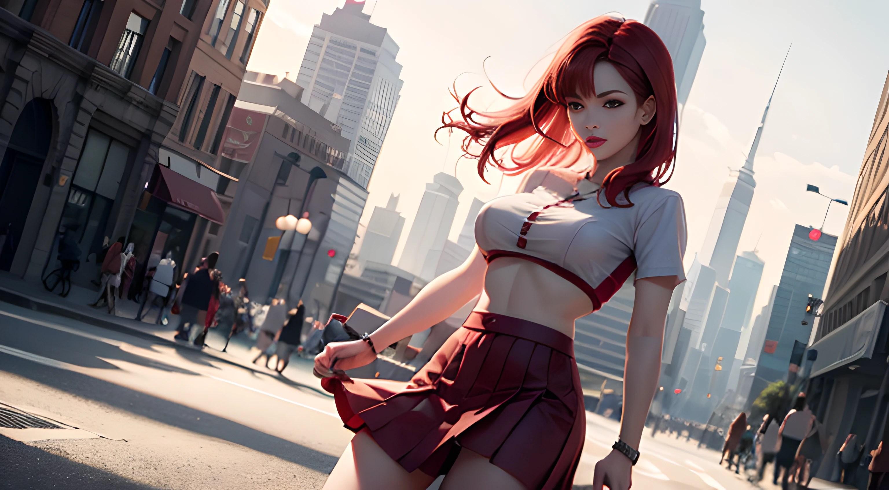 vagina, short skirt, red hair, park, girl, long dark hair, scenic, sexy, boobs, hi res, 8k