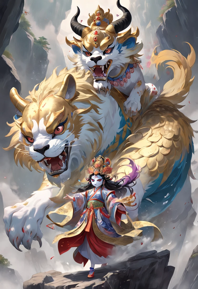 (entire body image:1.5), (extremely detailed CG unity 16k wallpaper:1.1), (Denoising strength: 1.45), (tmasterpiece:1.37), original, extremely detailed wallpaper, (((beijing opera))), (sketch), (wash painting), ((color splashing)), ((ink splashing)), ((((dyeing)))), ((Chinese painting)), ((colorful))(beautiful and delicate mountain), :, Stone figure, (solo), (Fantasy creatures), dog body, ((Chinese jiao)), (((Horns))), Horns, (golden dog body:1.3), (golden lion head), Leopard print, (solo), Canines, lion head, fly up to the cloudy regions, fly up to the cloudy regions, Big and strong, Diabolical, Tyrannica, simple background, ((illustration)), god rays, sparkle, glowing light, ((masterpiece)), best quality