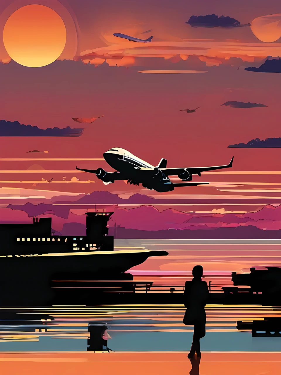 Illustration inspired by the opening of the Friday Roadshow、Location、Mare、At the venue、A ship is passing by、Big sunset on the horizon、Very big sunset、A passenger plane is passing in front of the setting sun、Silhouette of a passenger plane、Airliners are、B-747、Dyed background of sunset、Very nicely dyed background、
