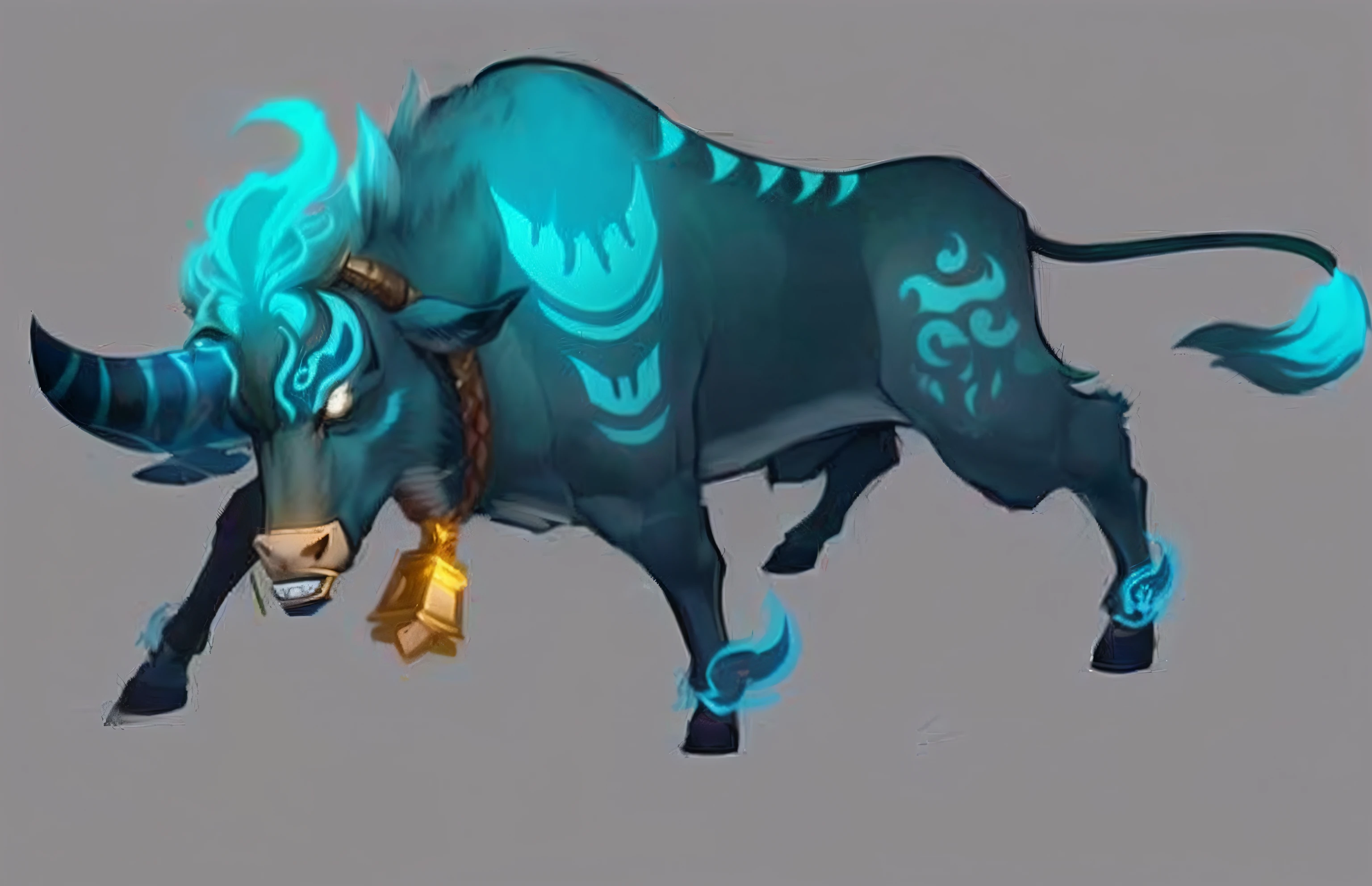 Cartoon Bull，There is a blue and black design on the body, moon bull samurai, a minotaur wolf, spirit fantasy concept art, a cow, tauren, Stylized concept art, Riot game concept art, golden taurus, male centaur centaur chimera, asura from chinese myth, Fantasy creature concept art, minotaur from path of exile