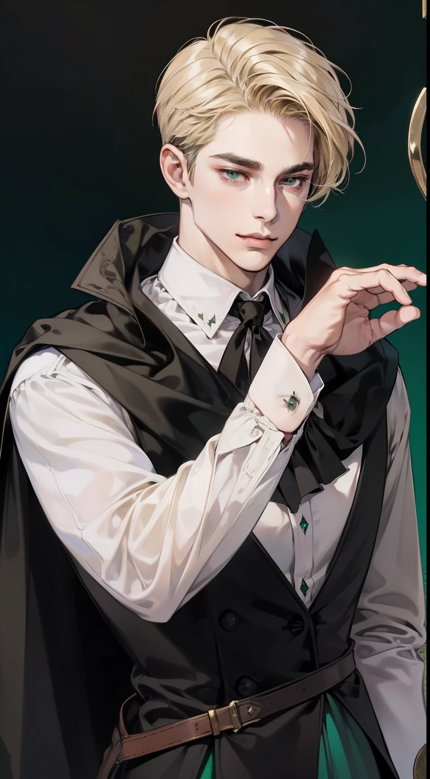 masterpiece, best quality, realistic, 1man, mature male, quiet and charming young man, 25years old, a smirk, closed mouth, portrait, extremely detailed face, a little distant, ((dark emerald eyes)), ((short-right-swept dandy blonde hair)), [thick eyebrows], dark palace, ((long black cape)), demon, ((all black))