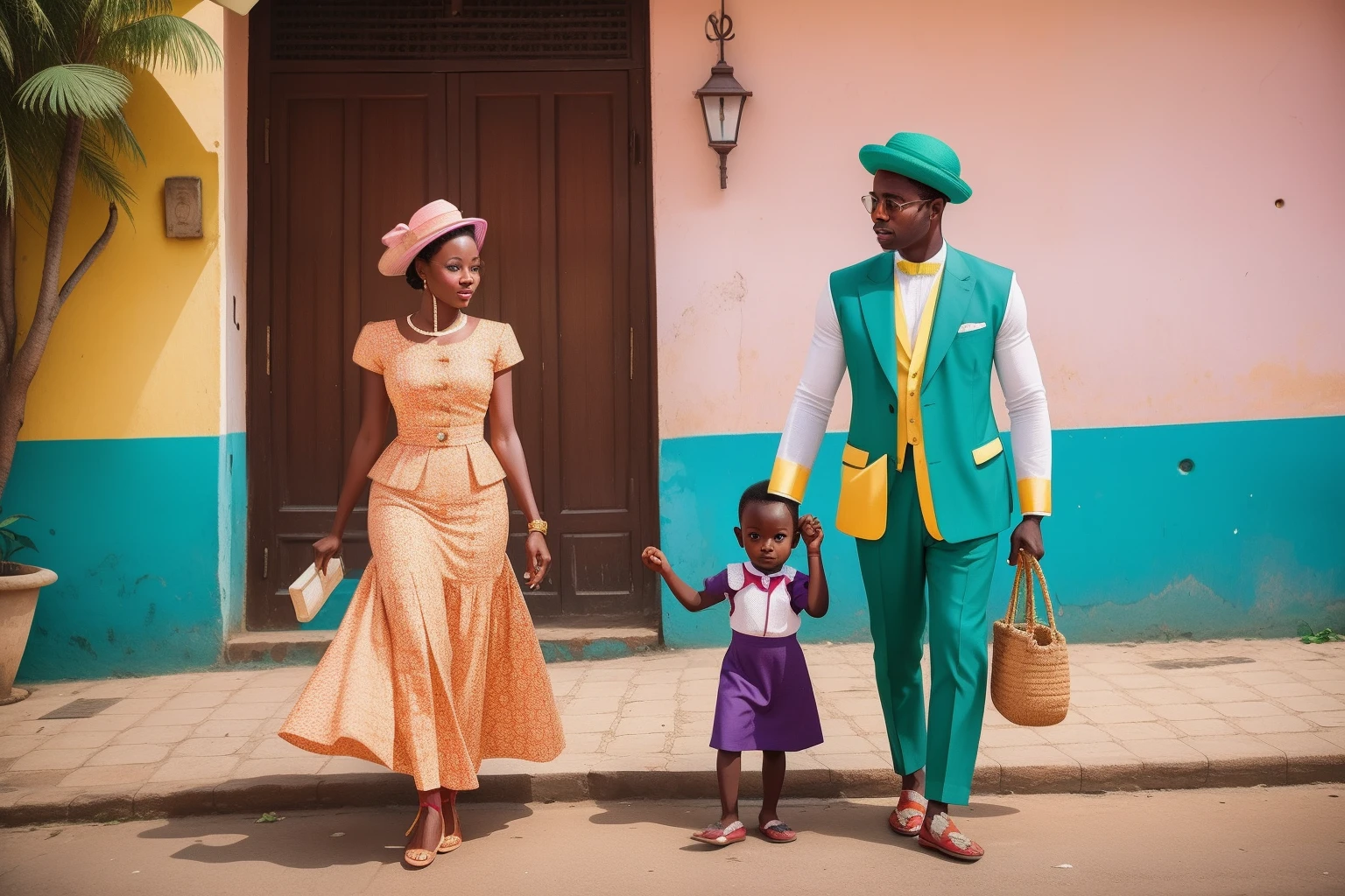 Year: 2022
Country: Togo
Description: In the vibrant streets of Lomé, a stylish couple, impeccably dressed in retro attire, strolls hand in hand. They pass by colorful colonial-era buildings, their pastel shades echoing the elegance of a bygone era.