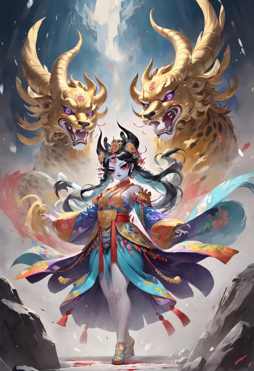 (entire body image:1.5), (extremely detailed CG unity 16k wallpaper:1.1), (Denoising strength: 1.45), (tmasterpiece:1.37), original, extremely detailed wallpaper, (((beijing opera))), (sketch), (wash painting), ((color splashing)), ((ink splashing)), ((((dyeing)))), ((Chinese painting)), ((colorful))(beautiful and delicate mountain), ：, Stone figure, (solo), (Fantasy creatures), dog body, ((Chinese jiao)), (((Horns))), Horns, (golden dog body:1.3), (golden lion head), Leopard print, (solo), Canines, lion head, fly up to the cloudy regions, fly up to the cloudy regions, Big and strong, Diabolical, Tyrannica, simple background, ((illustration)), god rays, sparkle, glowing light, ((masterpiece)), best quality