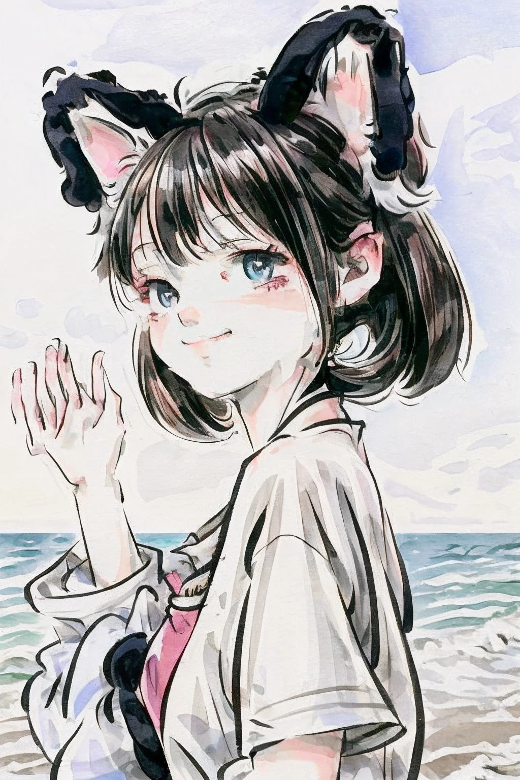 masuter piece,With cat ears,wearing white t-shirts,a famous actress of Japan,beautiful black short hair,From the side,wearing white t-shirts,Pink eyes,smile,sano,looking upwards,on the beach,Blue Sky
