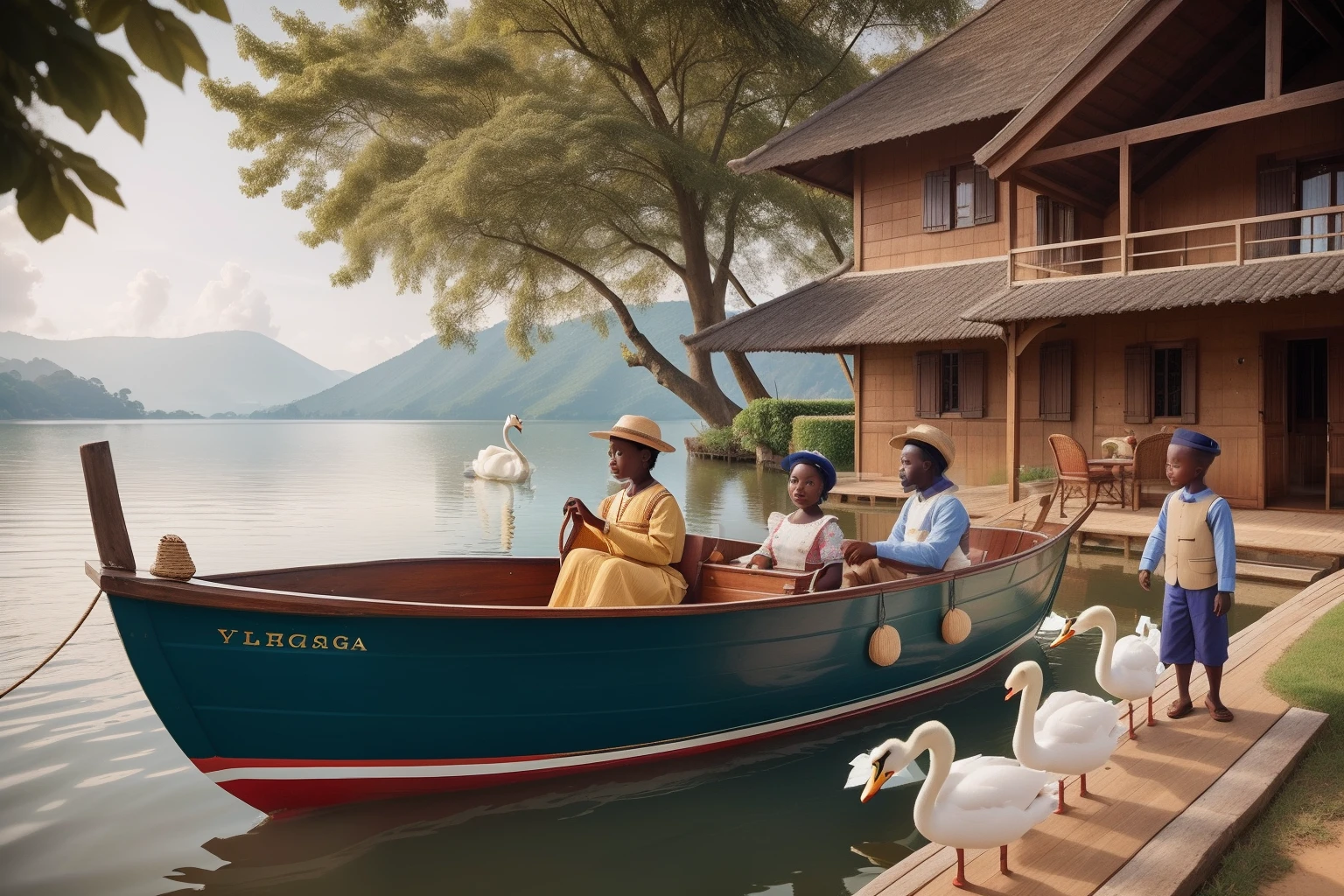 Year: 2023
Country: Togo
Description: At a picturesque lakeside villa in Lake Togo, a family of three enjoys a leisurely afternoon. The parents, dressed in dapper, vintage clothing, sit on a classic wooden boat while their child, in a charming sailor outfit, feeds the swans that gracefully glide by.