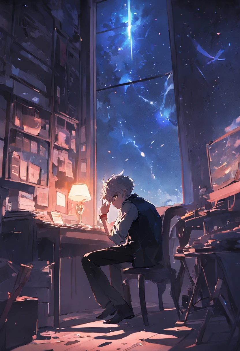 the night，Dim Room，Man in a black vest，Smoking a cigarette，Pen in hand，Two monitors on the table are glowing brightly，Drafts are on the walls and on the ground，The starry sky is outside the window。