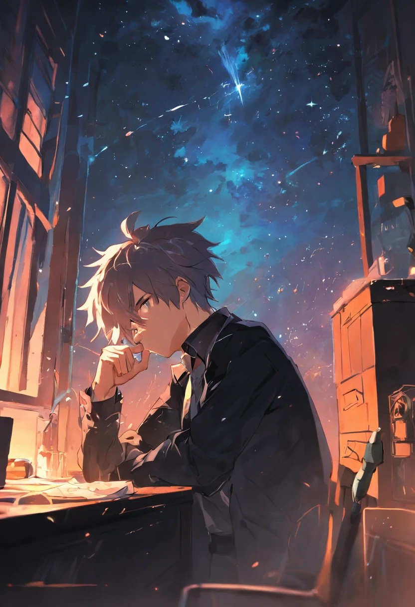 the night，Dim Room，Man in a black vest，Smoking a cigarette，Pen in hand，Two monitors on the table are glowing brightly，Drafts are on the walls and on the ground，The starry sky is outside the window。