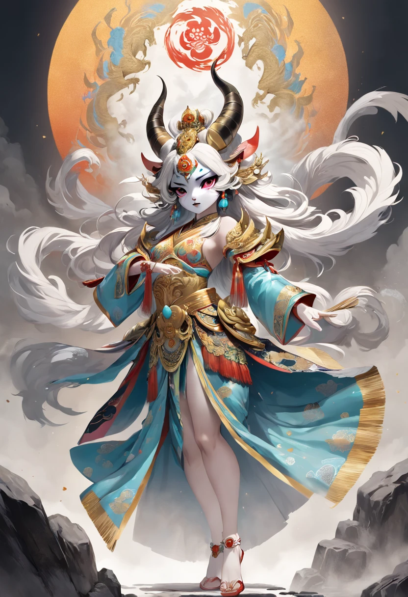 (entire body image:1.5), (extremely detailed CG unity 16k wallpaper:1.1), (Denoising strength: 1.45), (tmasterpiece:1.37), original, extremely detailed wallpaper, (((beijing opera))), (sketch), (wash painting), ((color splashing)), ((ink splashing)), ((((dyeing)))), ((Chinese painting)), ((colorful))(beautiful and delicate mountain), ：, Stone figure, (solo), (Fantasy creatures), dog body, ((Chinese jiao)), (((Horns))), Horns, (golden dog body:1.3), (golden lion head), Leopard print, (solo), Canines, lion head, fly up to the cloudy regions, fly up to the cloudy regions, Big and strong, Diabolical, Tyrannica, simple background, ((illustration)), god rays, sparkle, glowing light, ((masterpiece)), best quality