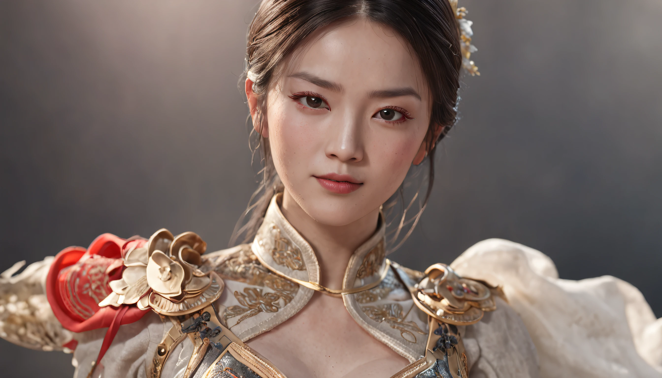 (professional 3d render:1.3) af (Realistic:1.3) most beautiful artwork photo in the world,Has a soft and shiny oriental martial arts heroine,8k Unity rendering, action shot, skin pore, very dark lighting, heavyshading, Detailed, Detailed face, (vibrant, photograph realistic, Realistic, Dramatic, Warmth, Sharp focus, 8K),(((Chinese white tulle long dress,:1.4))), standing on your feet, florals, Liu Yifei, Zhou Xun, (((dunhuang color)))