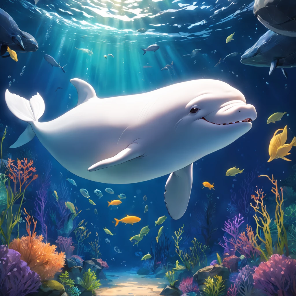 Smiling beluga whale on blue background，Green aquatic plants，Best Masterpiece，ultra intricately detailed，超A high resolution，fish flocks