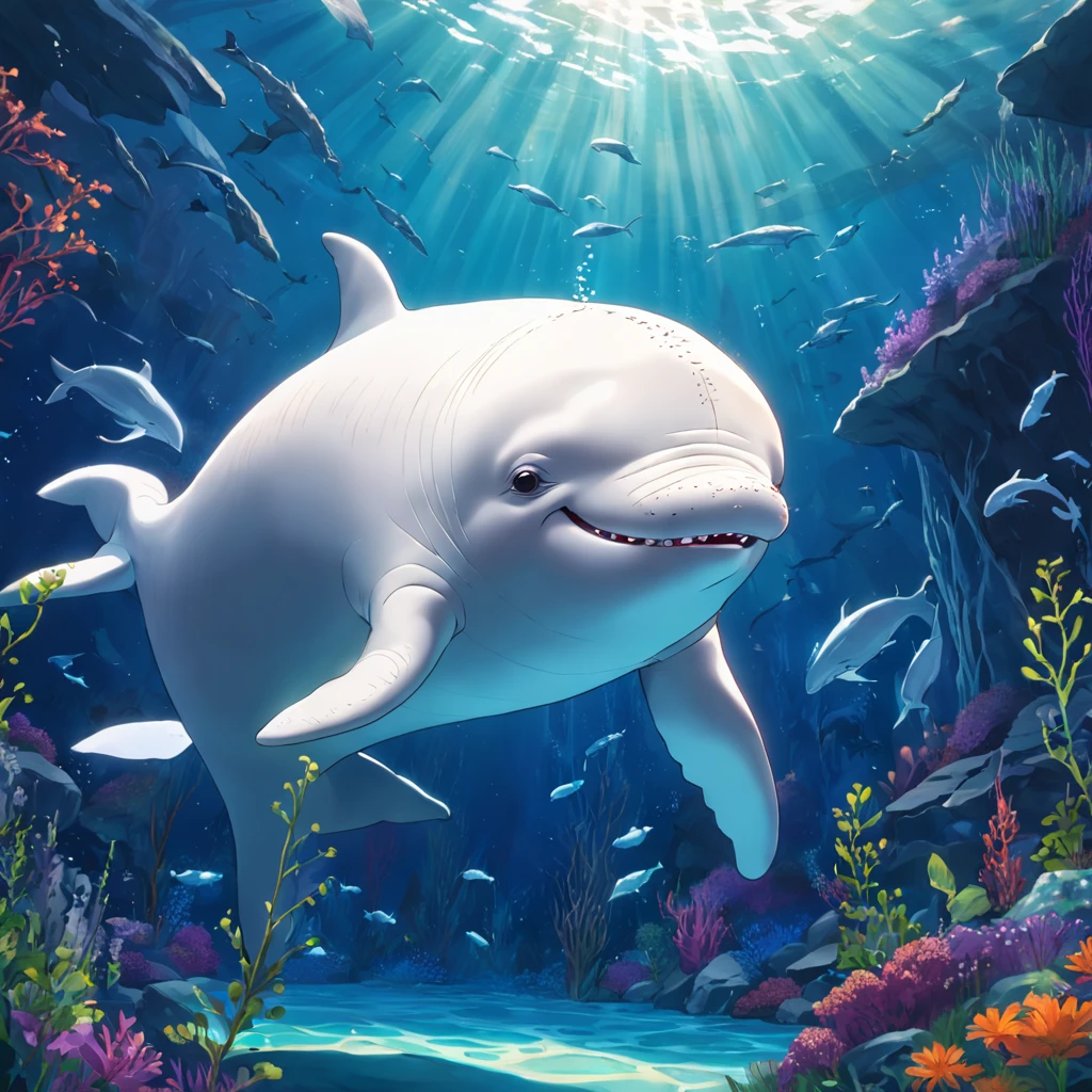 Smiling beluga whale on blue background,Green aquatic plants,Best Masterpiece,ultra intricately detailed,超A high resolution,fish flocks