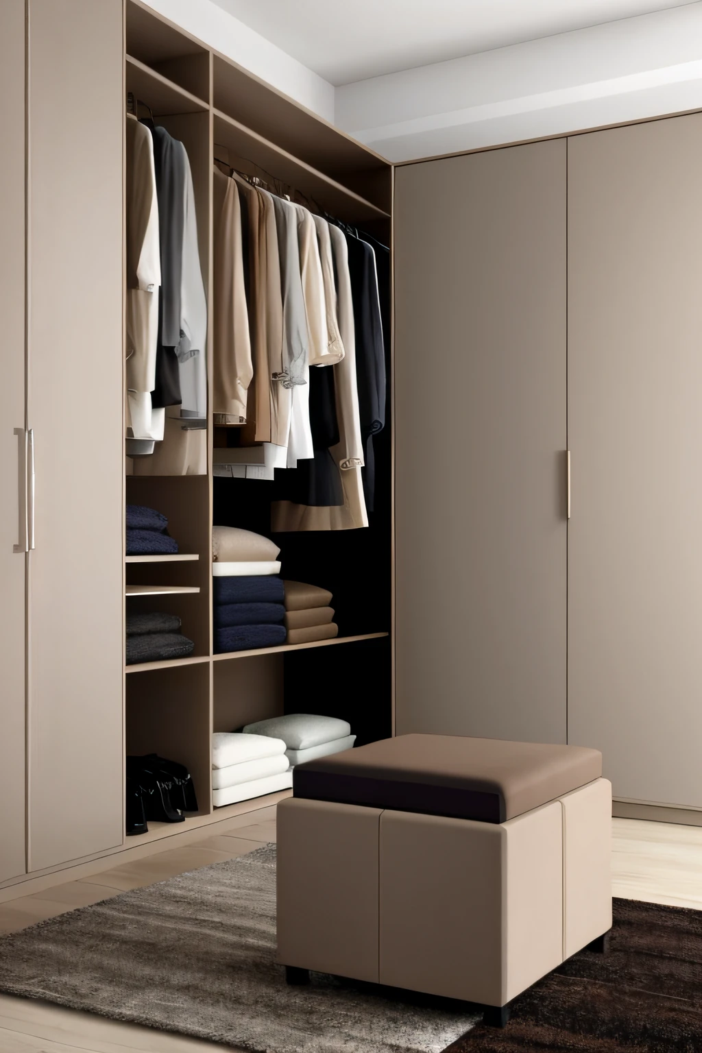 Close-up of closet with benches and shelves, elegant wardrobe, beige and dark atmosphere, elegant futuristic wardrobe, photo 85mm, Taupe, cupboard, colours, sleek robes, beiges, v - ray, v-ray, artistation render, high quality rendering, sepia tone, com cores neutras, Inspiration, Perfect detail, true realistic image