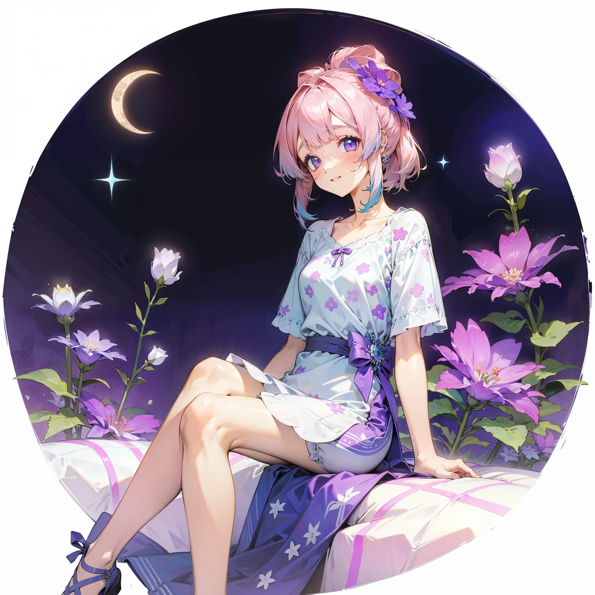 purple flower pattern white background, sitting in the middle, casual outfit