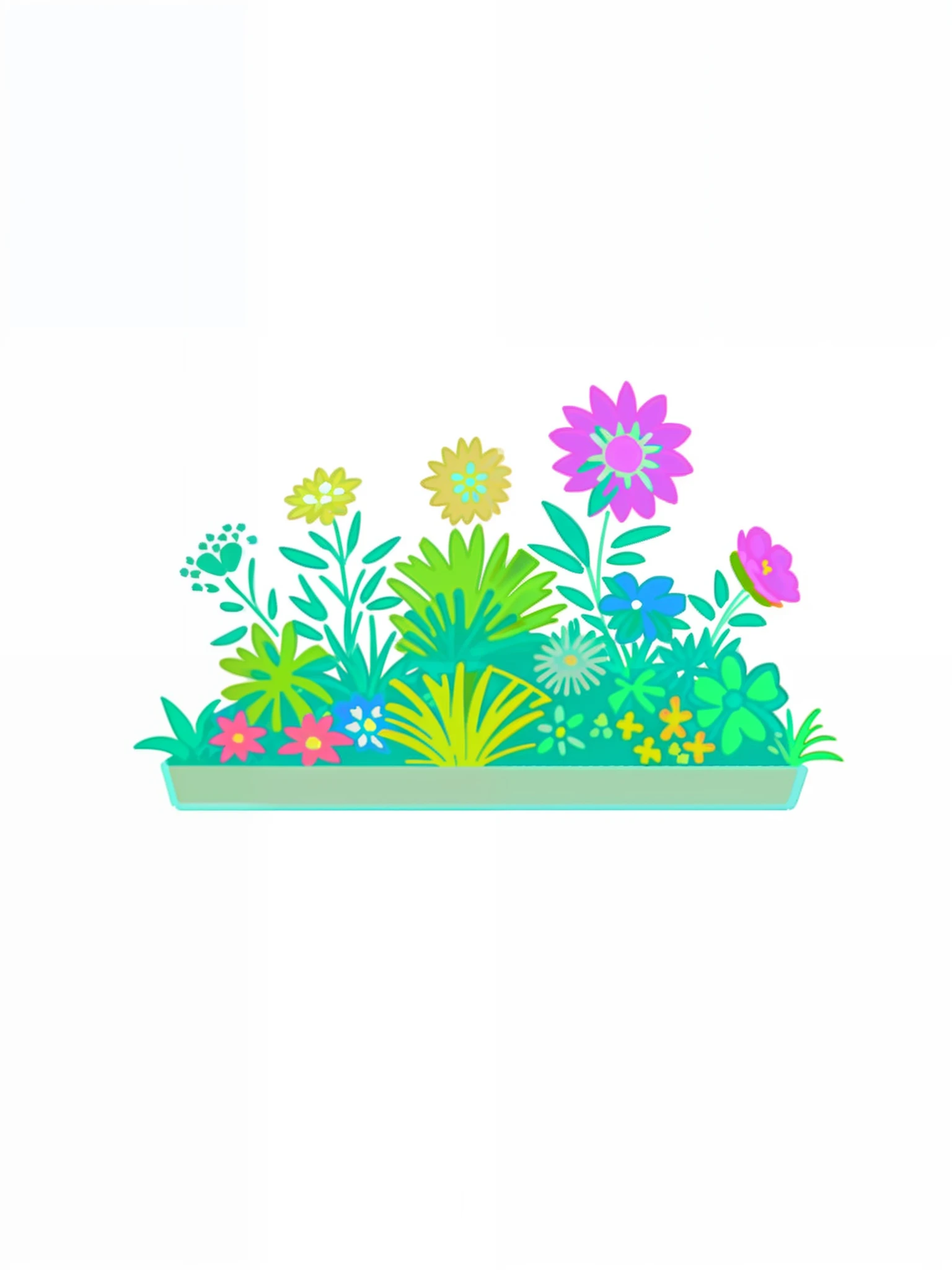 There is a green tray，There is a bouquet of flowers on it, with colorful flowers and plants, with flowers and plants, floral environment, Garden with flower background, a paper cutout garden, Flat illustration, Garden background, Lots of plants and flowers, garden with flowers, gardens with flower beds, flowerbed, high quality illustration, graphic of enchanted terrarium, Colorful illustration