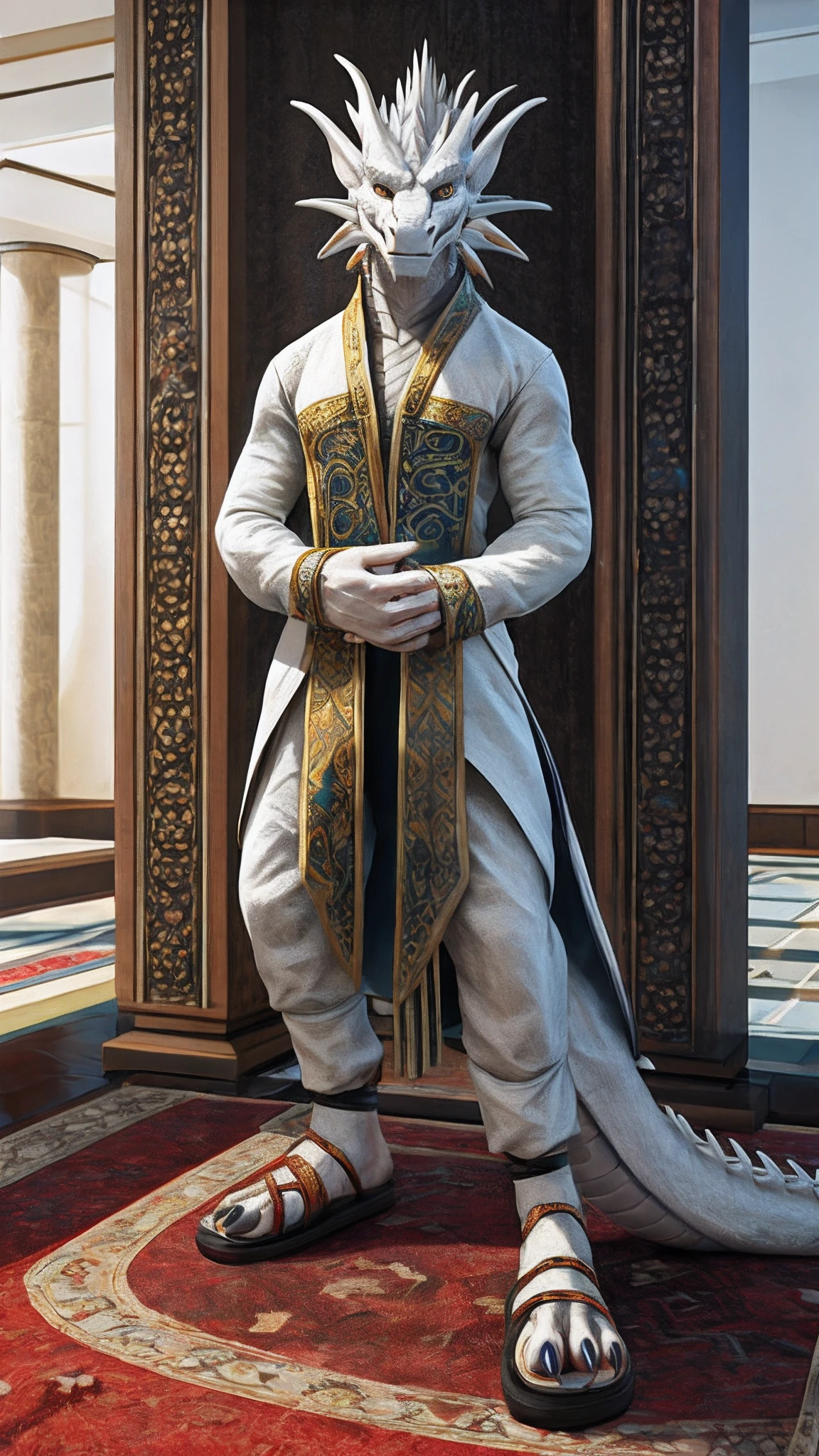 Bionic dragon,White Dragon,female,White Hanfu,sandals,anthor,Children,Standing on the carpet in the hotel,HD graphics,Detailed and realistic,high detal,high qulity,photo-realistic,photorealistic eye,Detailed paws,Clear eyes,Masterpiece artwork,Five-fingered hands,top-quality,32k,hyper HD