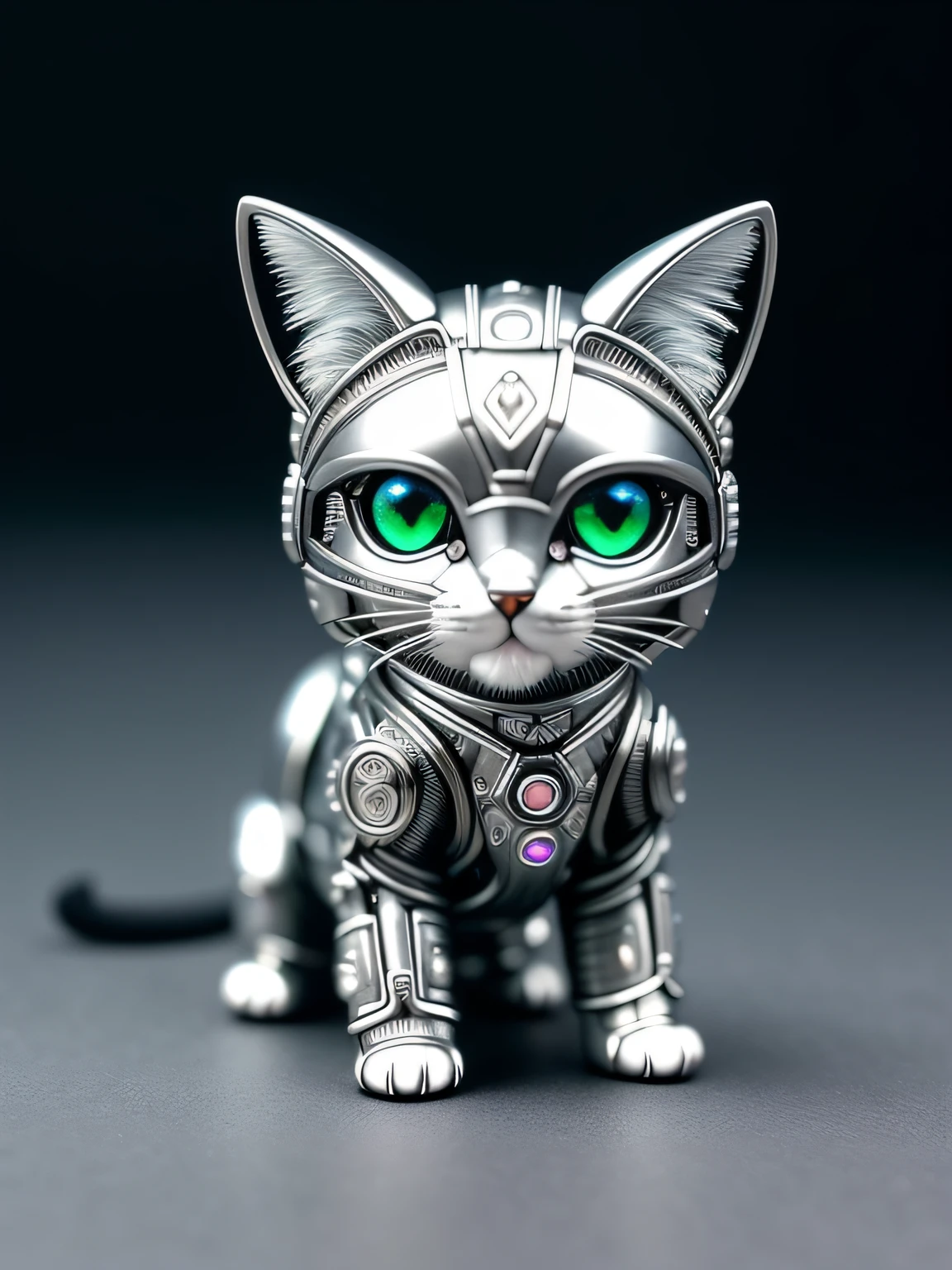 a cute kitten made of metal、(cyborgs:1.1)、([tail | Detailed wire]:1.3)、(intricate-detail)、hdr、(intricate-detail、ultra-detailliert:1.2)、Cinematic Shots、vignettes、central、kosmos、cute little、realisitic、Has a small