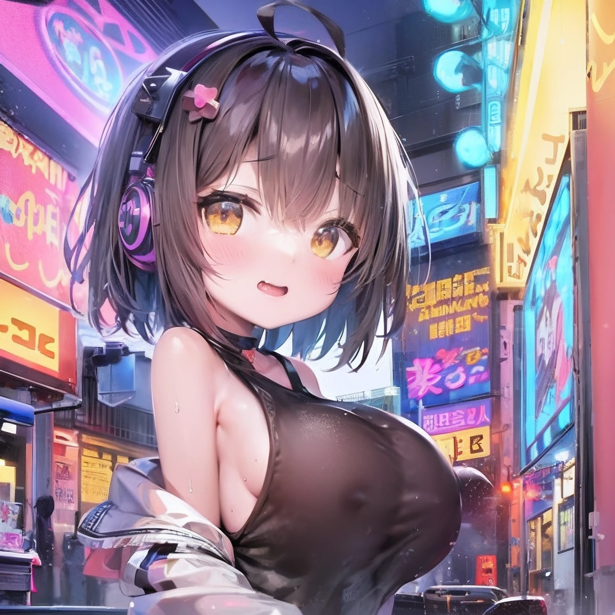 Anime girl wearing headphones on city street, best anime 4k konachan wallpaper, an oppai cyberpunk, from the azur lane videogame, splash art anime ****, anime moe art style, Kantai Collection Style, Seductive Anime Girl, anime style 4 k, Trending on CGSTATION, kawacy, nightcore, kantai collection arcade