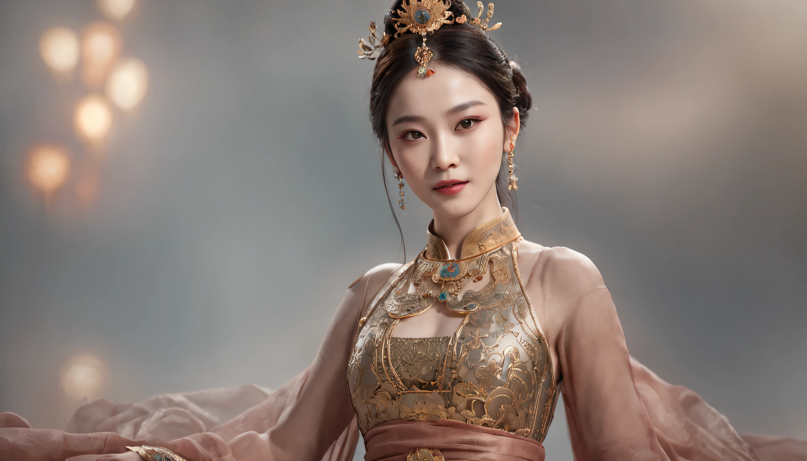(professional 3d render:1.3) af (Realistic:1.3) most beautiful artwork photo in the world,A goddess with soft and shiny oriental Dunhuang colors, 8k Unity rendering, action shot, skin pore, very dark lighting, heavyshading, Detailed, Detailed face, (vibrant, photograph realistic, Realistic, Dramatic, warmth, Sharp focus, 8K),(((Chinese tulle long dress,:1.4))), standing on your feet, Auspicious clouds, Liu Yifei, Zhou Xun