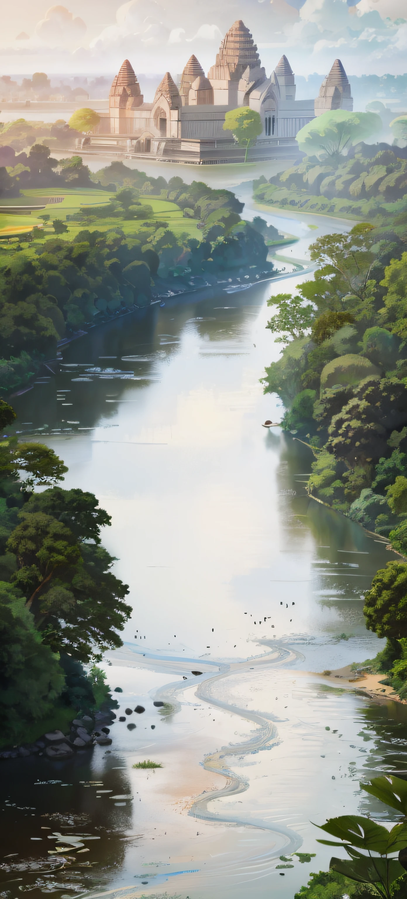 View of the Alafid River with the temple of Angkor Wat as the background, Snake River in the jungle, scenic view of river, river with stunning water, rios、Trees and hills, . Background: jungle river, Amazon rainforest background, Morning River, river running thru the middle, nile river environment, river with low hanging plants, with trees and rivers