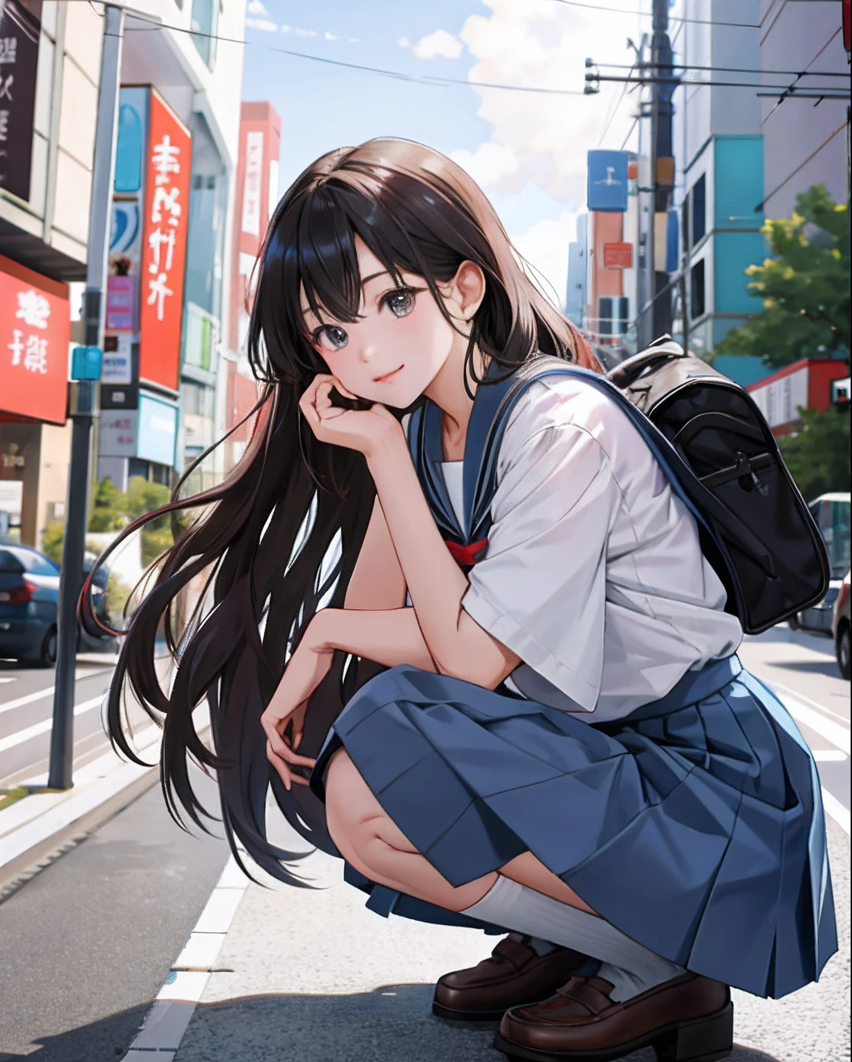 超A high resolution、Beautiful face in every detail、Realistic human skin、Gentle expression、front-facing view、angle from bellow、long whitr hair、hentail realism、Photorealsitic、Cute Turtle、A short skirt、Squatting deep in the city、Cute school girl、Japan schoolgirl wearing uniform、Surreal high school girl、full bodyesbian、barechested