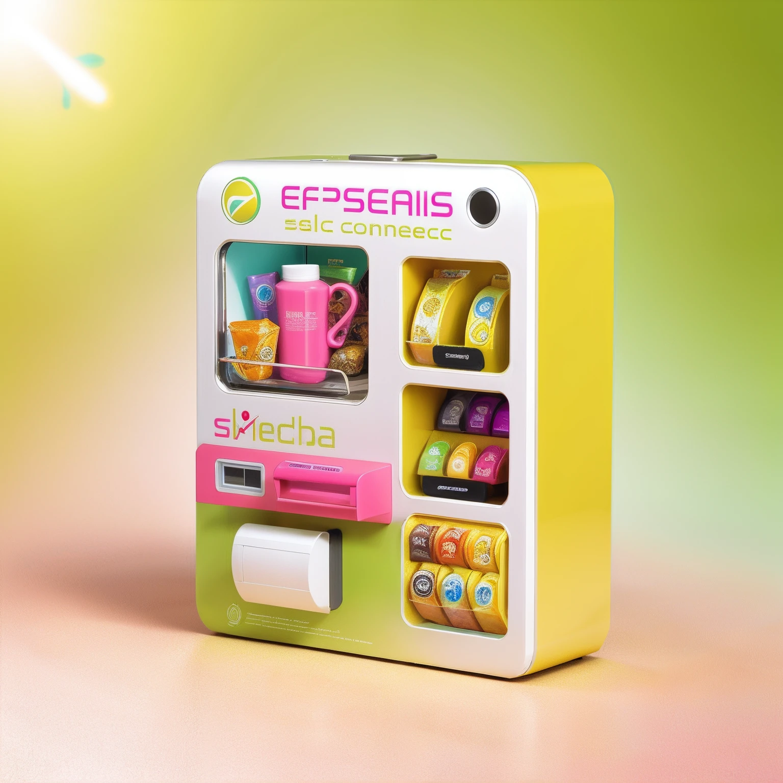 Close-up of manicure with display,For example,Elements of wearable nail art,vending machines,sci-fi vending machine,3D product render,Some are more specific, Descriptive scenarios may appear on the computer,por exemplo, Someone went to a vending machine and bought a wearable nail art,or describe the purchase,Some combinations of foil scene elements, Product rendering,Stylistic references attract attention,applied,Represents health,Safety,Elements with a strong visual sense,There are reasonable ones on the fuselage, For example, Someone goes,Buy wearable nail art, etc,The overall color is mainly warm yellow and white,Color distribution is 50 each%,Wish there were more elements,A little diversified,Fewer colors,No portraits