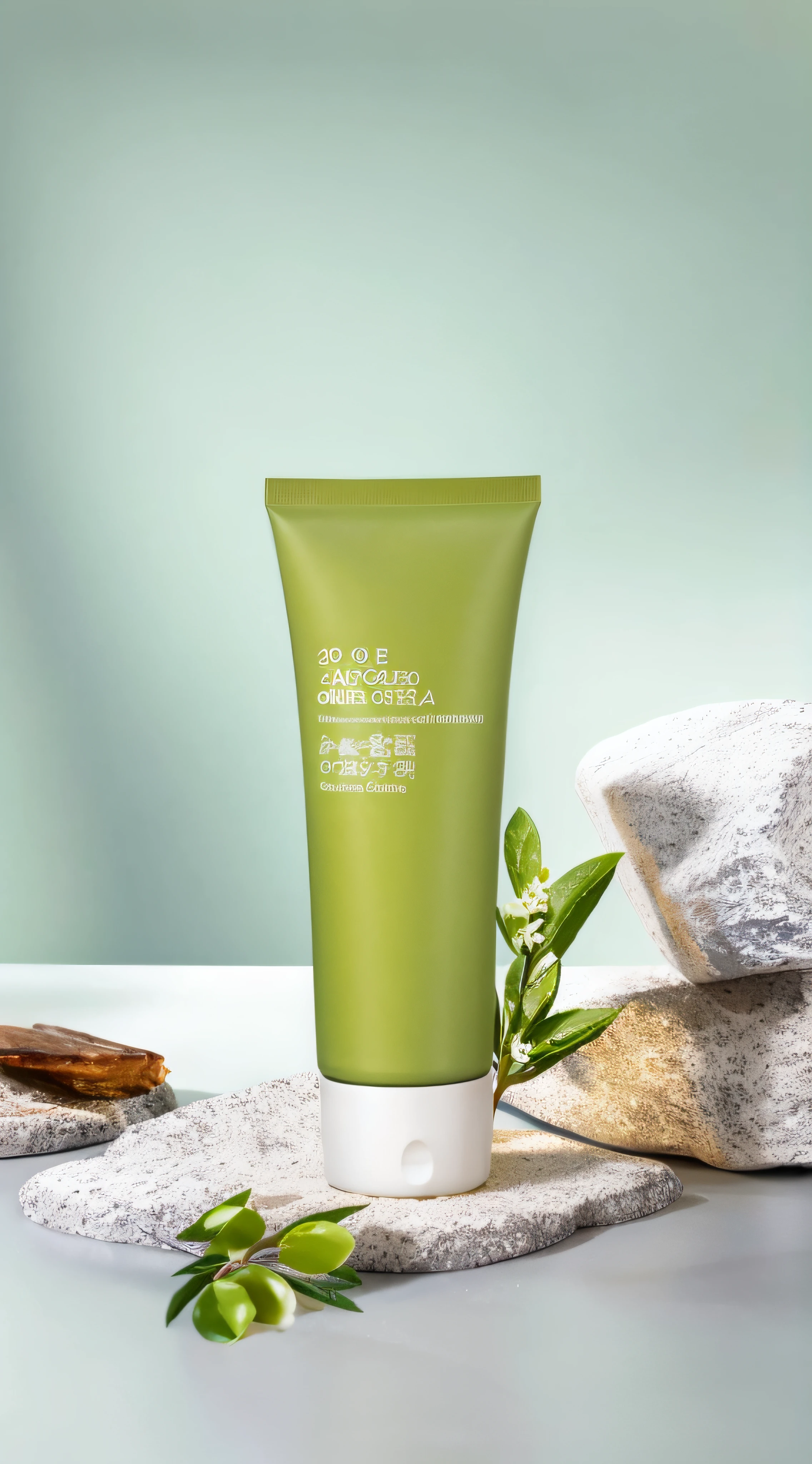 A close-up of a tube of green tea cream next to some rocks, product introduction photos, professional product shot, Professional product photography, Product photo, professional product photo, sleek hands, Product photography, products shot, commercial product photography, product introduction photos, high quality topical render, hand holdings, high qualityProduct photography, ProductAdvertisements, product image
