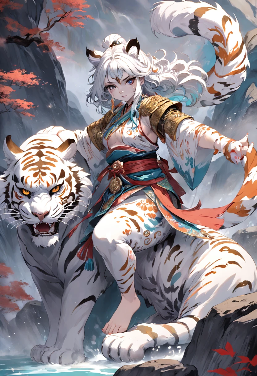 (entire body image:1.5), (extremely detailed CG unity 16k wallpaper:1.1), (Denoising strength: 1.45), (tmasterpiece:1.37), original, extremely detailed wallpaper, (((beijing opera))), (sketch), (wash painting), ((color splashing)), ((ink splashing)), ((((dyeing)))), ((Chinese painting)), ((colorful))(beautiful and delicate mountain), (solo), (Fantasy creatures), ((Chinese white tiger)), (solo;1.8), Black markings, (white tiger), ((solo)), beautiful and delicate golden eyes, Huge claws, Big and strong, Diabolical, Tyrannica, ((illustration)), god rays, sparkle, glowing light, ((masterpiece)), best quality