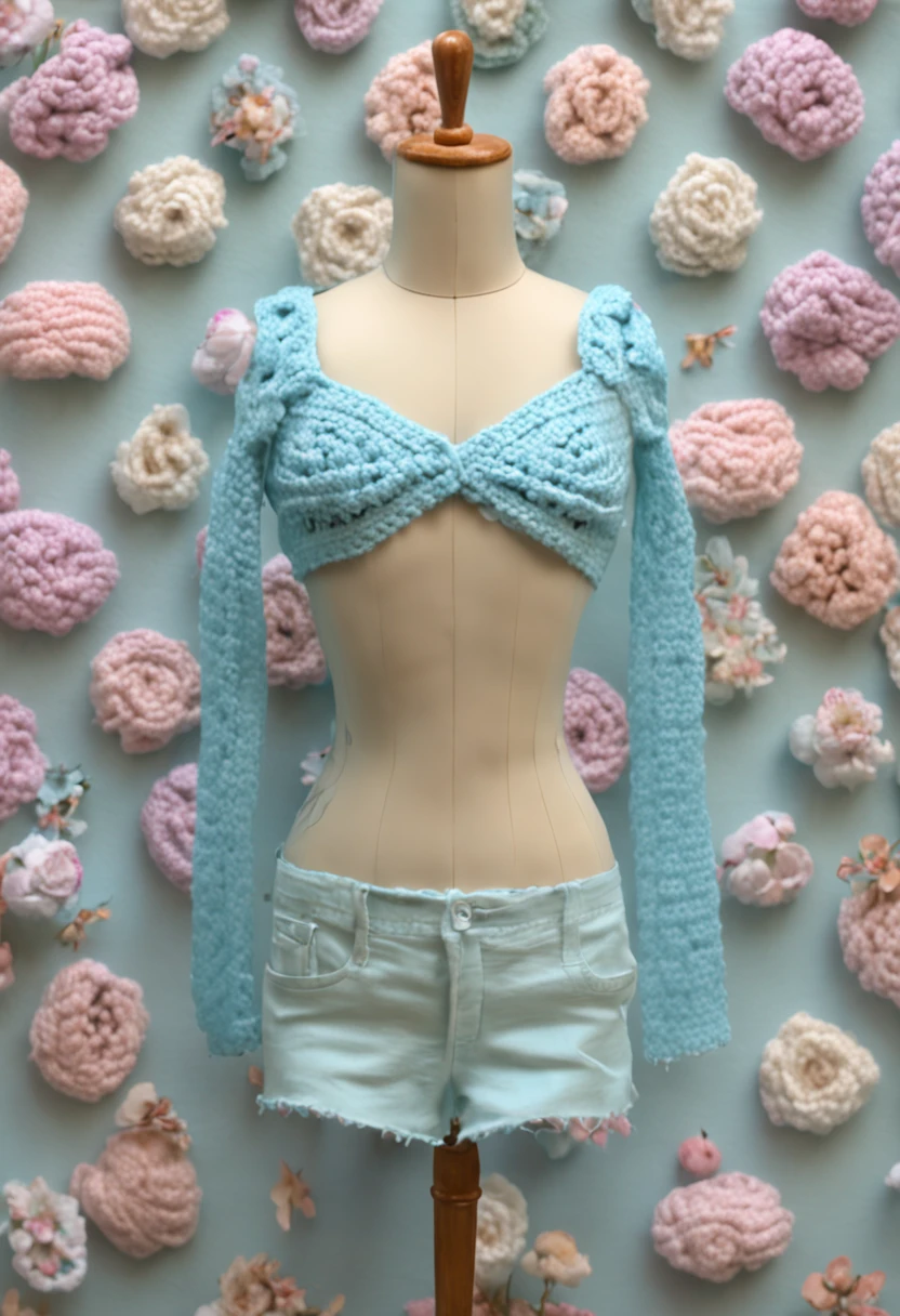 crochet top with flowers, fofo, baby blue, aesthetic, pastel, cores pastel, cropped, flores, borboletas