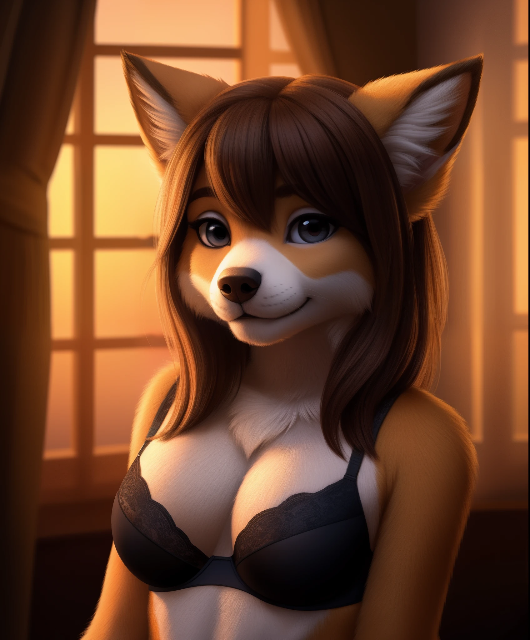 female, (young:1.5), shoulder length hair, full cheeks, lewd dorky, head tilt, seductive, looking at viewer, high_transformation, full transformation,, canine, (fur, fur_growth:1.2), [small breasts:1.6], bras BREAK, 8k, hi res, masterpiece, best quality, evening atmosphere, (realistic:1.2)
